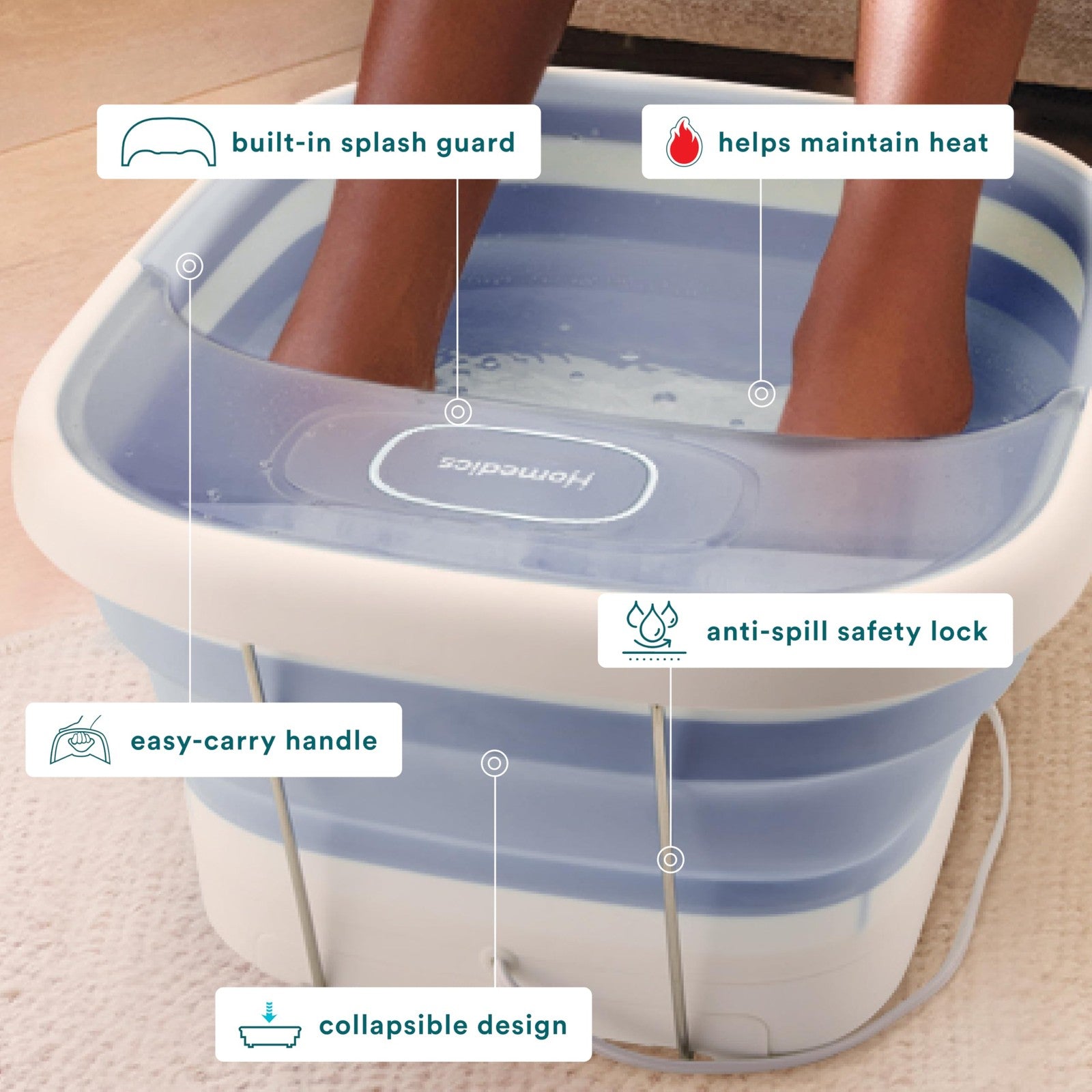 Homedics Smart Space Essential Collapsible Footbath with invigorating bubble massage, featuring a compact, foldable design for easy storage.