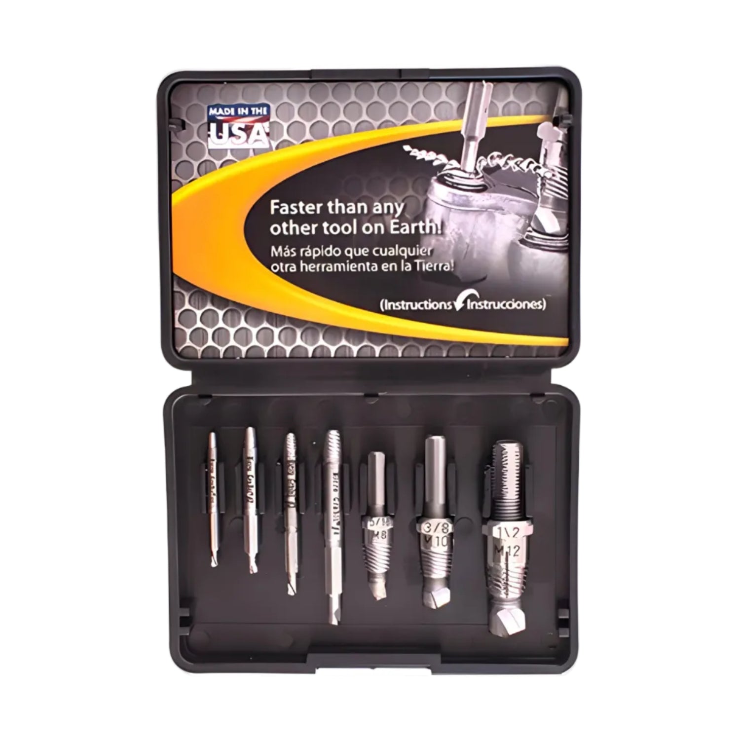 Alden Tools Grabit Select Series 7-piece screw and bolt extractor kit with various extractor sizes on a white background.