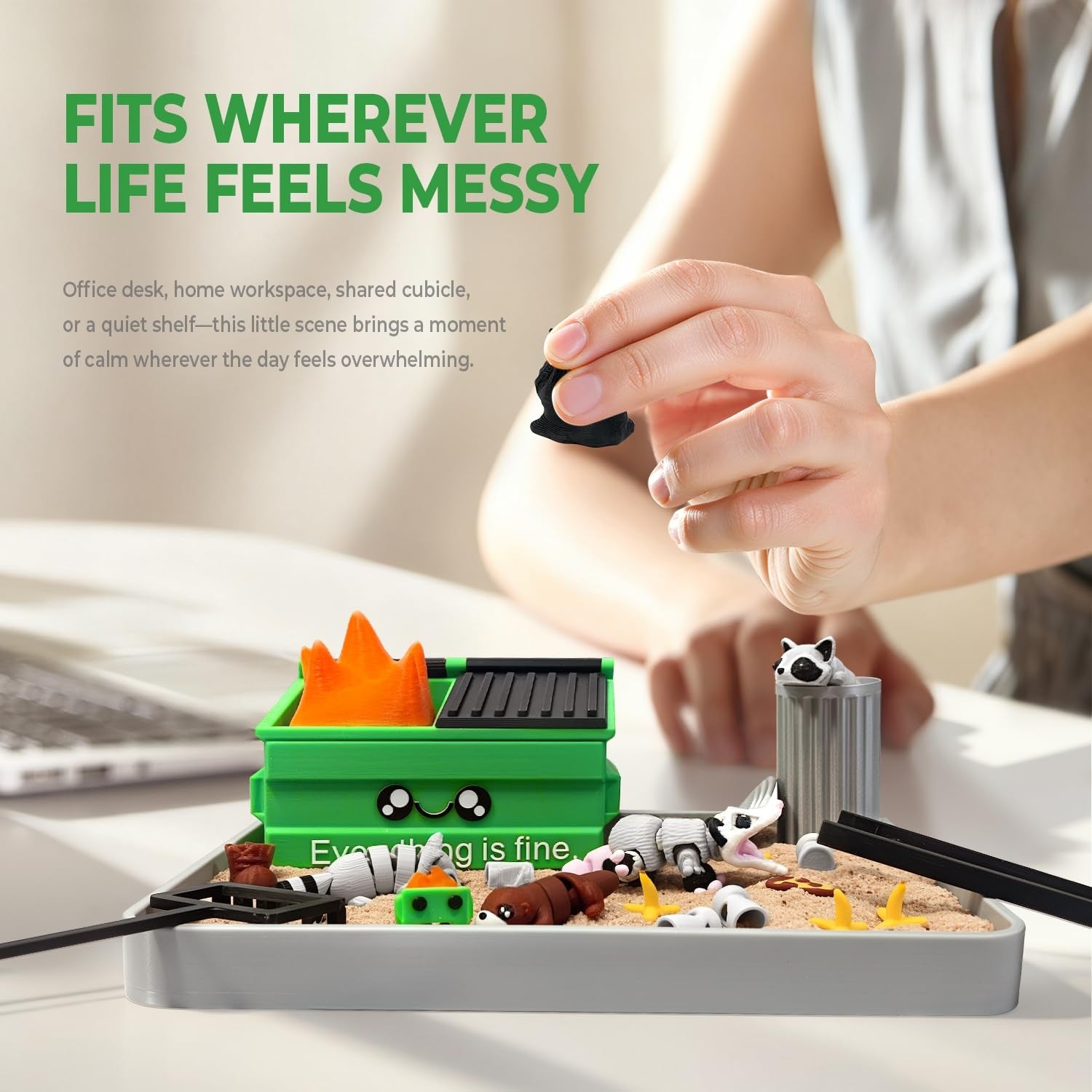 HouseBegan Dumpster Fire Zen Garden for Desk, a humorous mini desktop sand garden with a tiny dumpster fire figure.