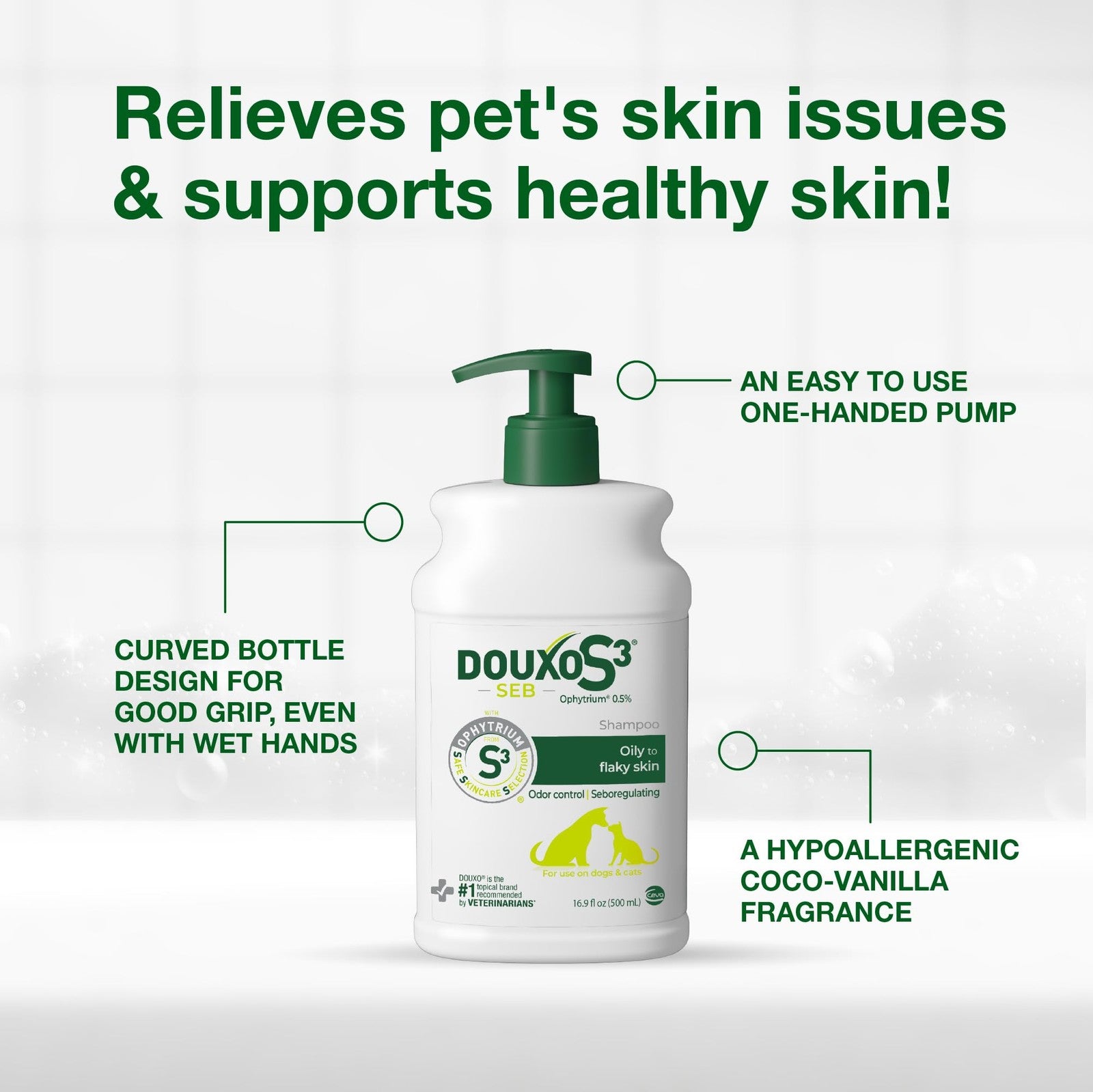 Douxo S3 Seb Shampoo with 0.5% Ophytrium for odor control and seboregulation, shown in a clear bottle with a pump dispenser.