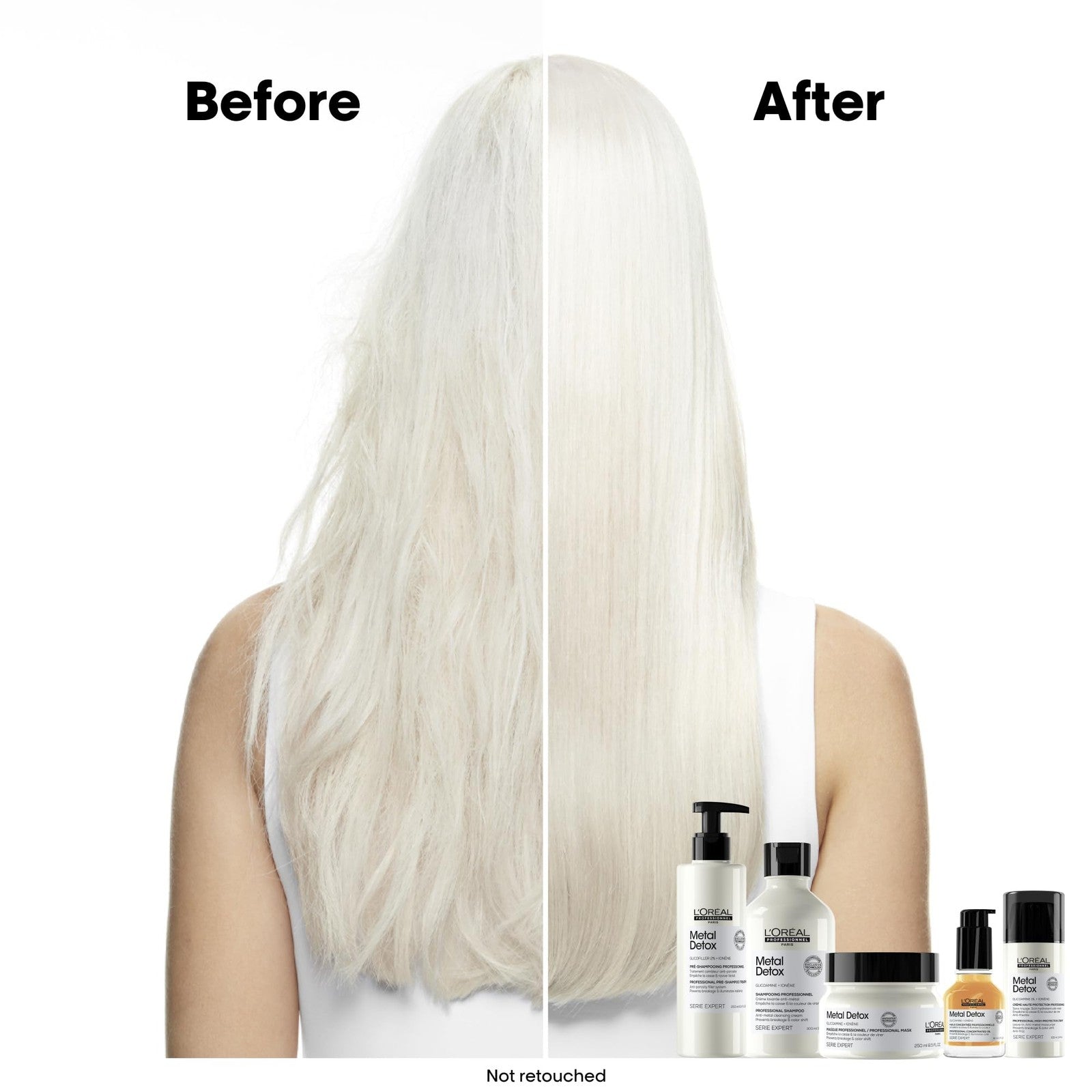 L'Oréal Professionnel Metal Detox Pre-Treatment bottle for hair strengthening and refilling, with silver and purple design.
