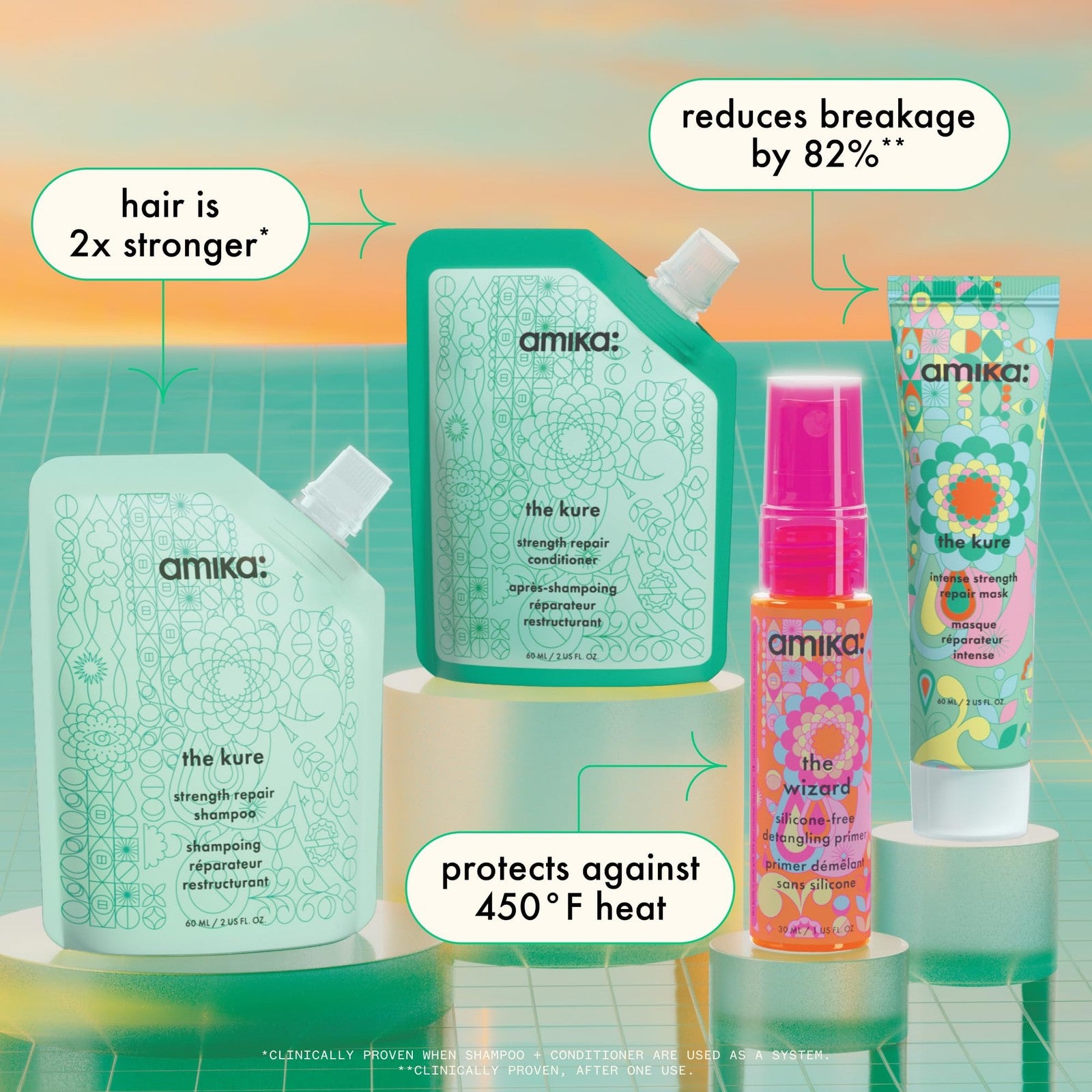 Amika Rescue Team Hair Routine Trial Set with shampoo, conditioner, and hair mask in white and blue bottles on a white background.