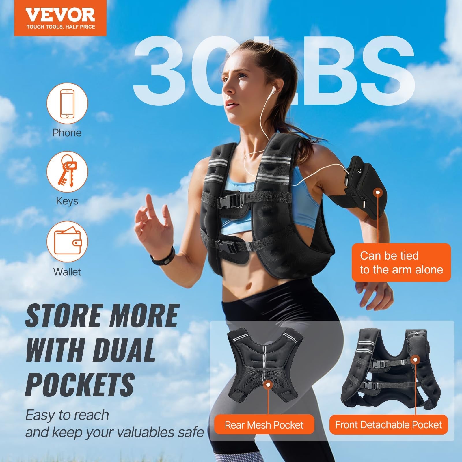 VEVOR 30 lb weighted vest with adjustable straps and reflective stripe for fitness and strength training.