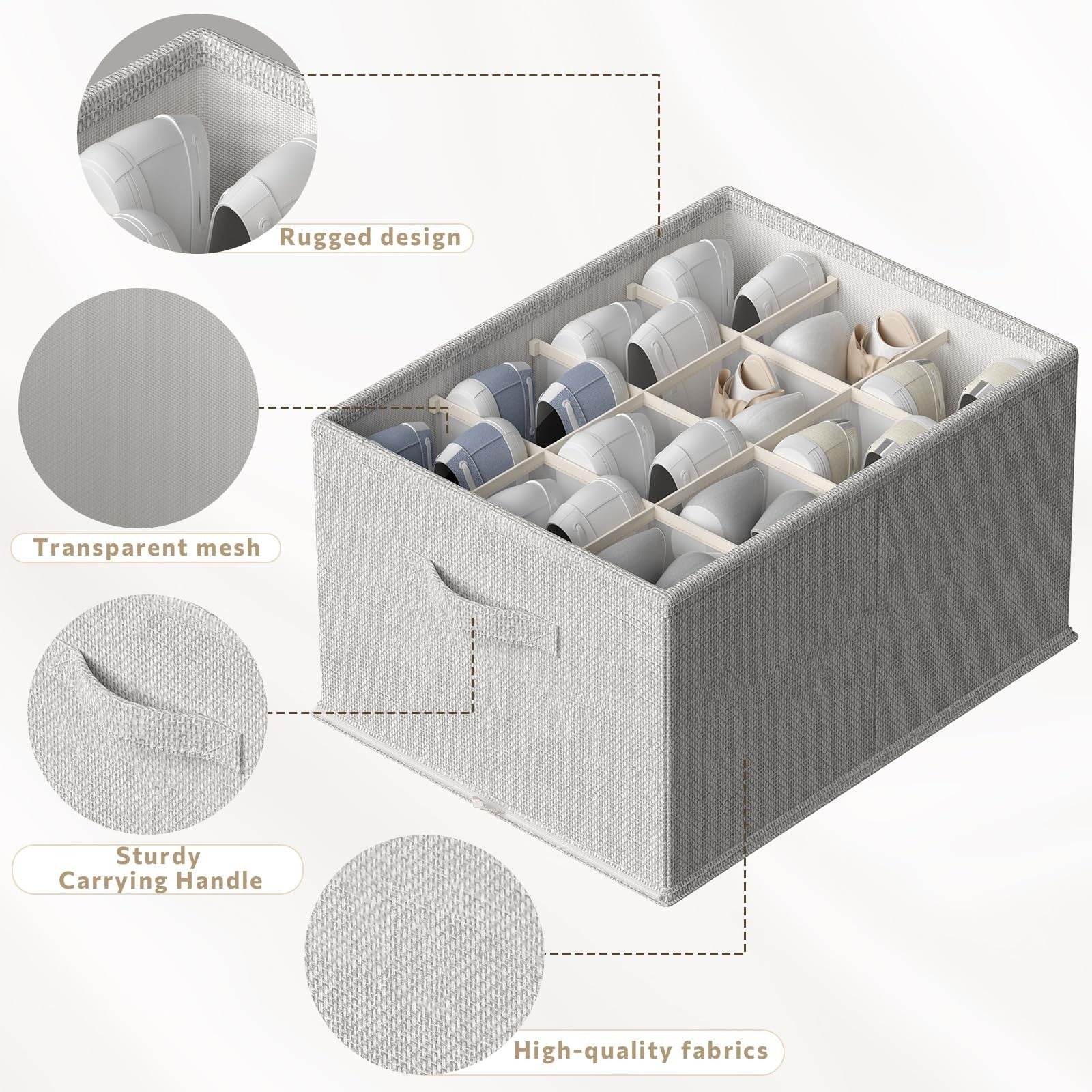 FHSQX 4-pack foldable shoe organizer containers for closet storage, designed to hold up to 48 pairs of shoes, with a sleek, compact design.
