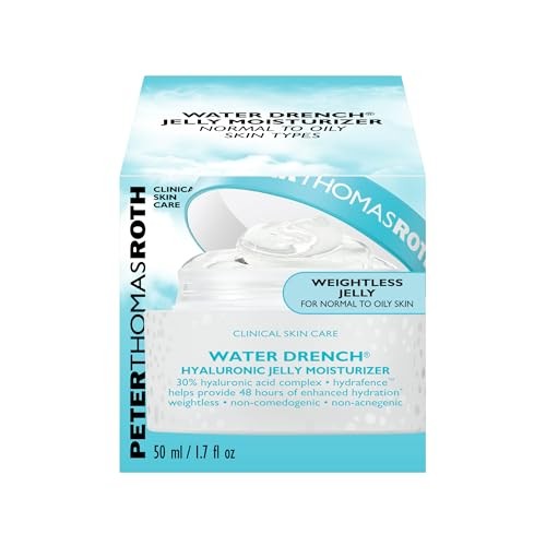 Peter Thomas Roth Water Drench Hyaluronic Jelly moisturizer in a clear refillable jar with a white lid, showcasing its smooth, hydrating texture.