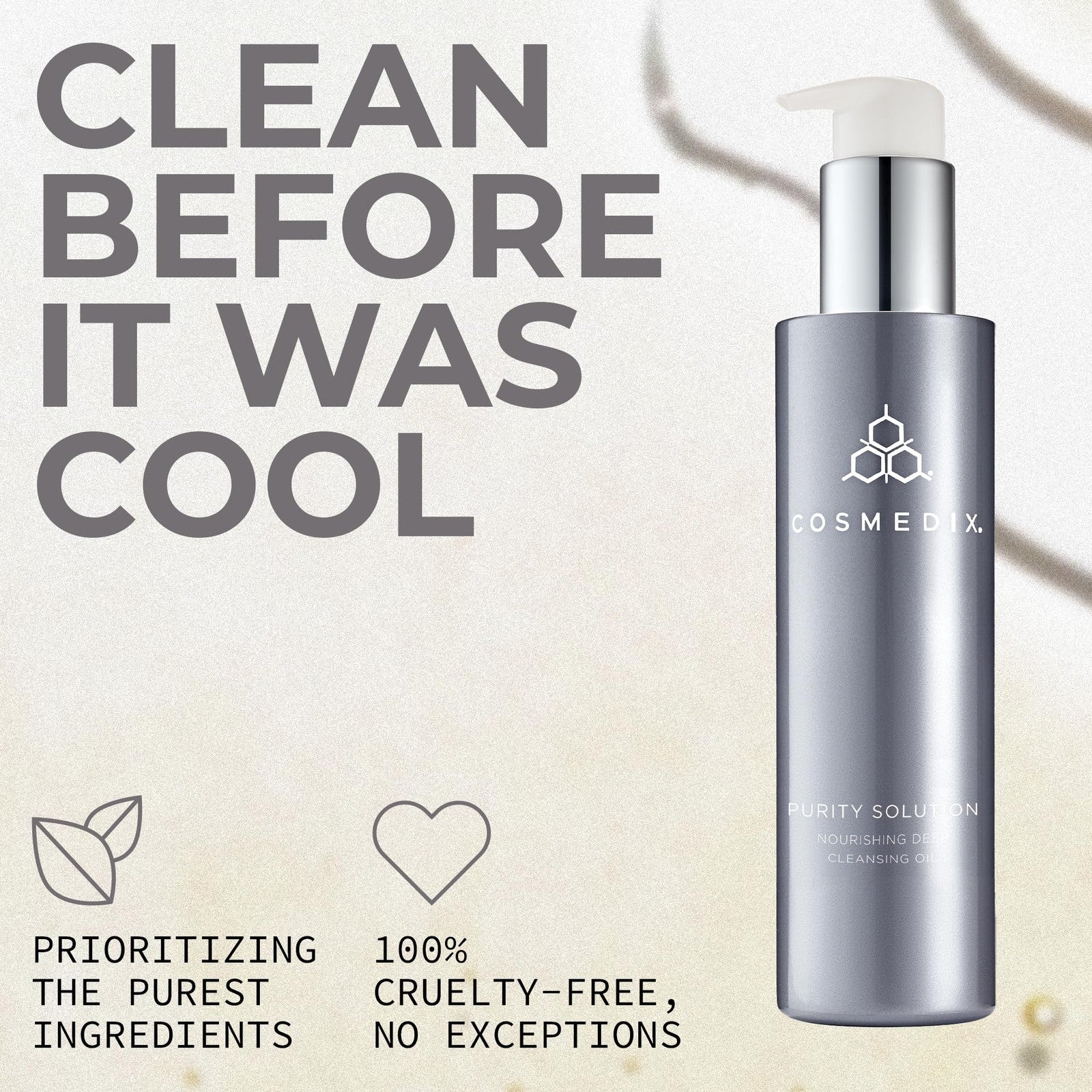 COSMEDIX Purity Solution Cleansing Oil bottle with pump, showing the 2-in-1 makeup remover and hydrating facial cleanser label.