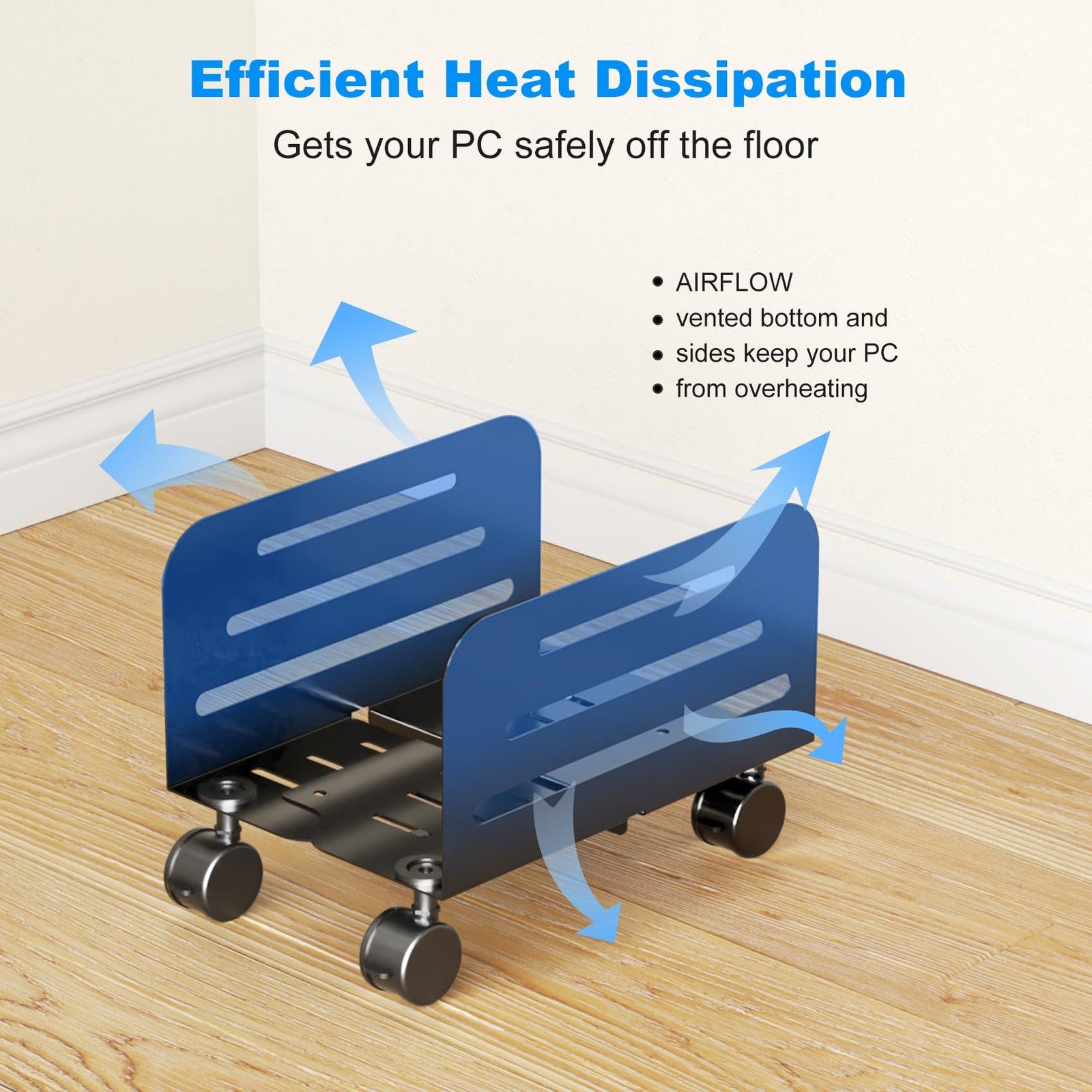 Suptek mobile CPU tower stand with adjustable height, rolling cart, and locking wheels for easy computer hardware mobility.
