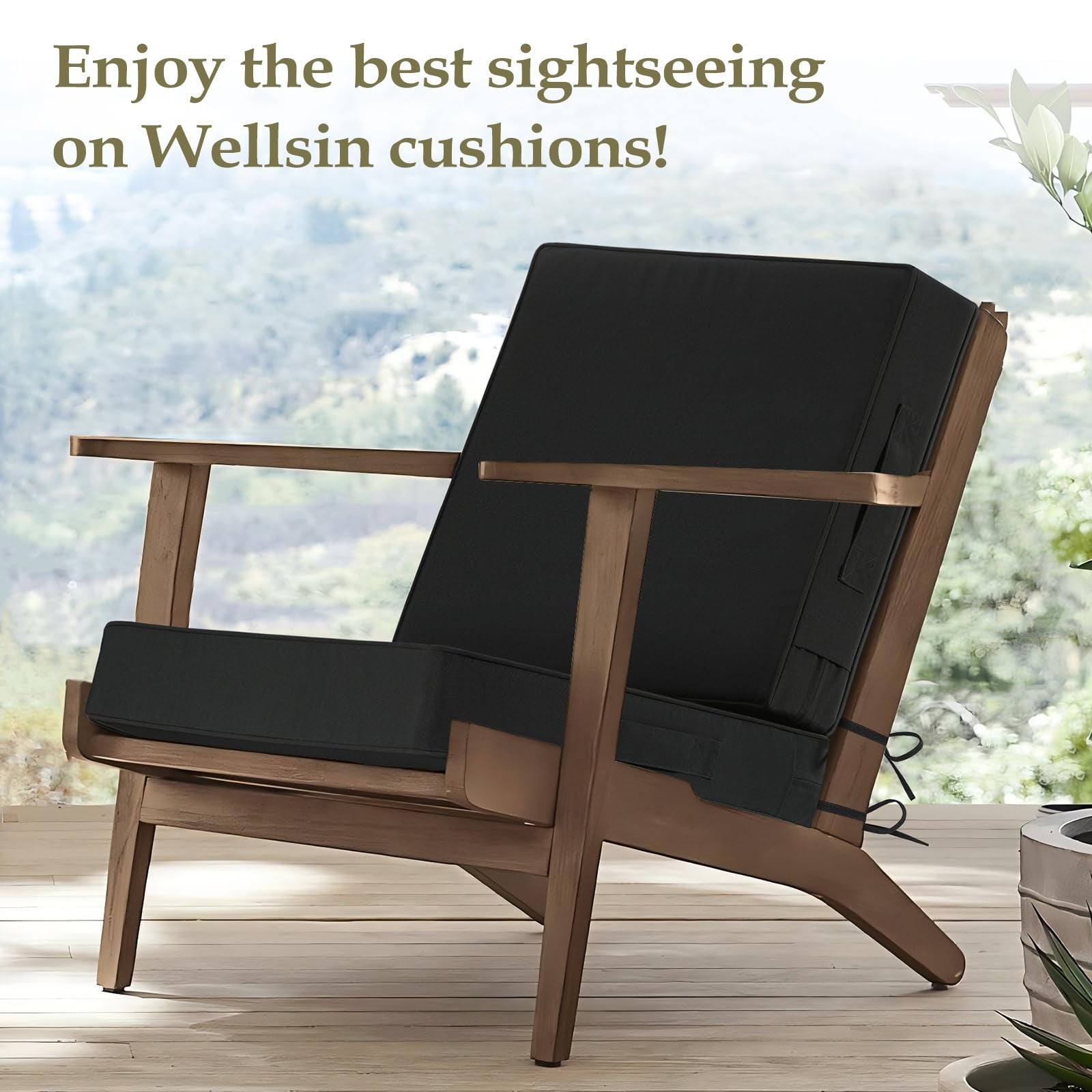 Wellsin waterproof outdoor seat cushion measuring 24x24 inches with ties, designed for deep outdoor chairs, beige fabric.