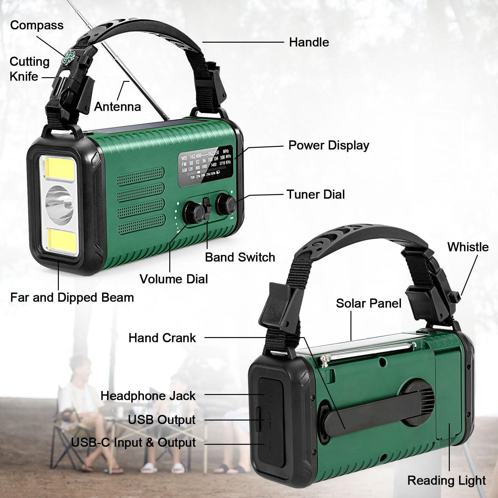 Leaton hand crank emergency radio with NOAA weather alerts, AM/FM radio, solar power, and 20000mAh battery for outdoor use.