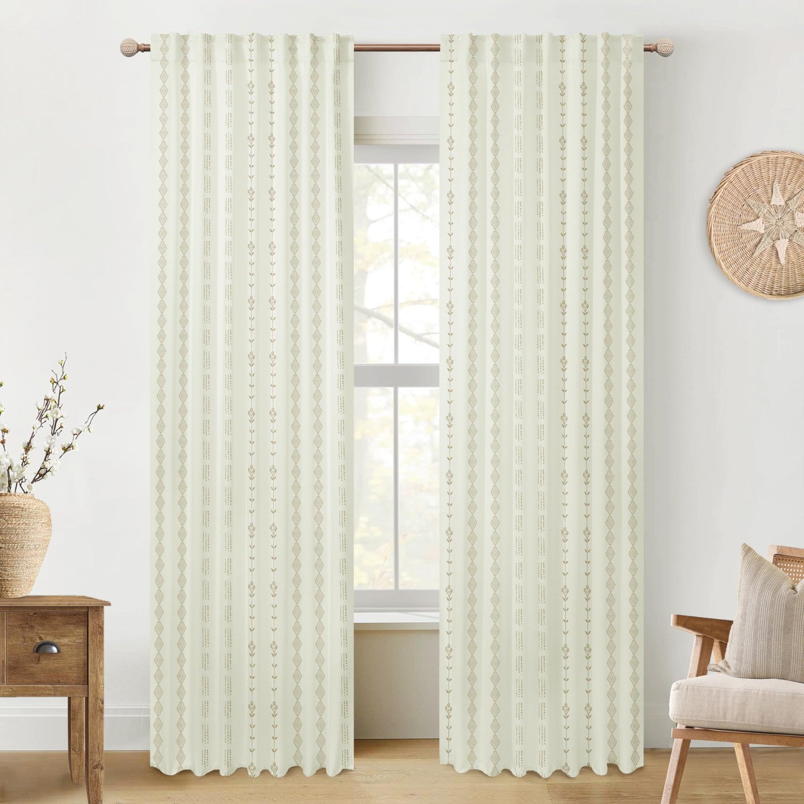 Neutral beige farmhouse curtains by Lino Rosa, 84-inch long tan blackout curtains for living room decor.