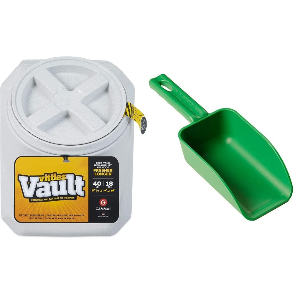 Gamma2 Vittles Vault stackable dog food storage container with Vikan Remco color-coded scoop, made of durable plastic.