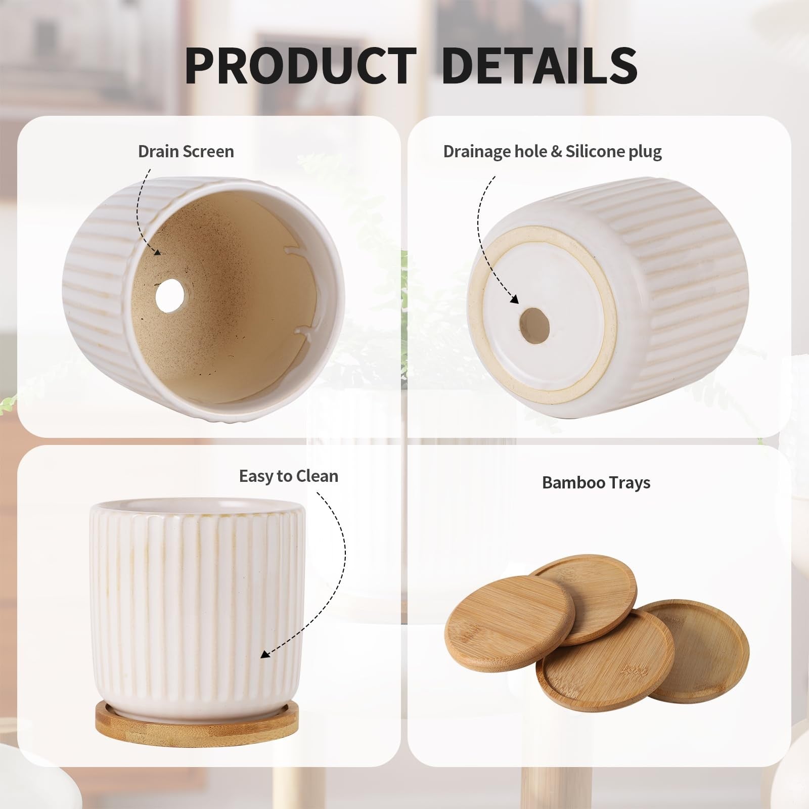 OMAYKEY 4-inch ceramic plant pot with saucer featuring a creative stripe design, perfect for small indoor plants.
