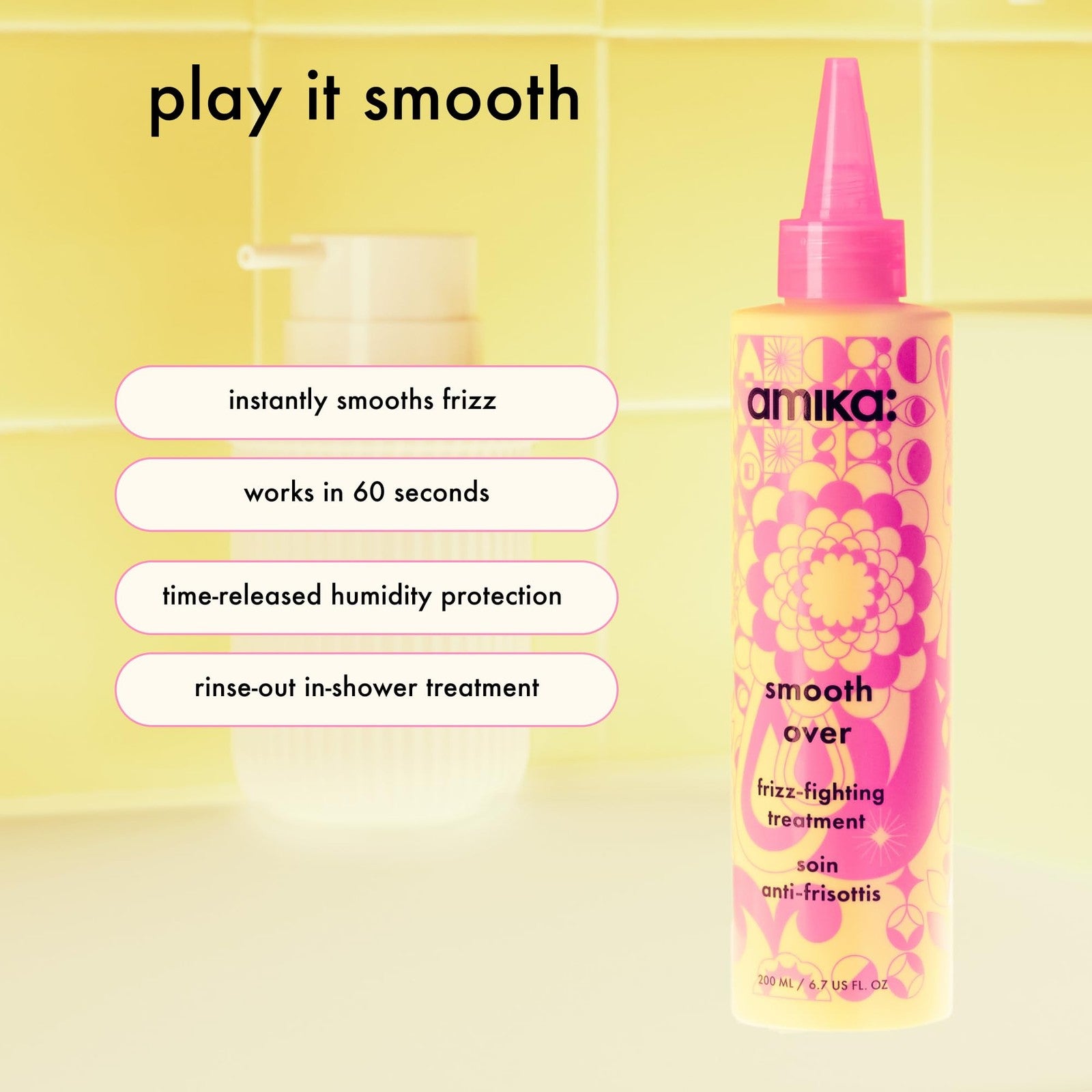 Amika Smooth Over Frizz-Fighting Treatment Mask in a jar, showcasing creamy hair mask suitable for smoothing and frizz control.