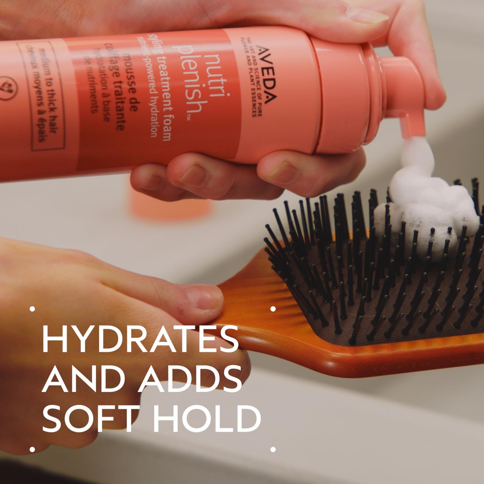 Aveda Nutriplenish Styling Treatment Foam in a pump bottle, showing the soft hold styling foam for medium to fine hair.