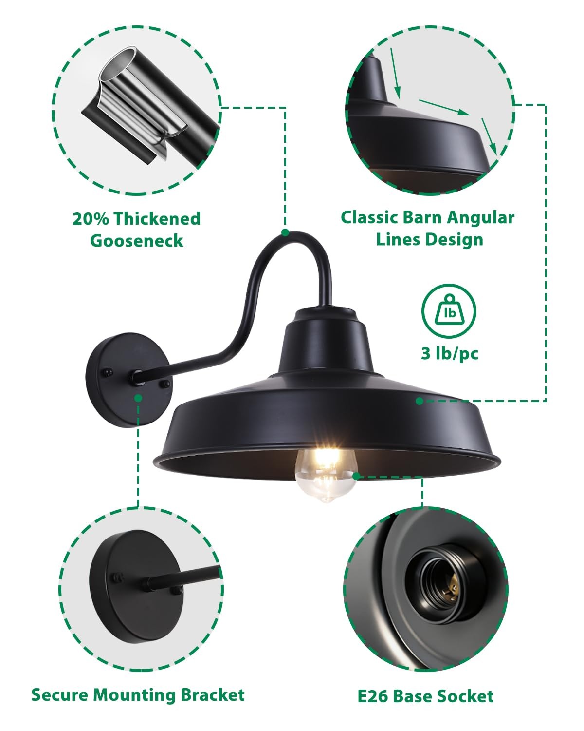 Two black farmhouse outdoor wall lights with gooseneck barn style design from Mloukuku Farmhouse, ideal for exterior lighting.