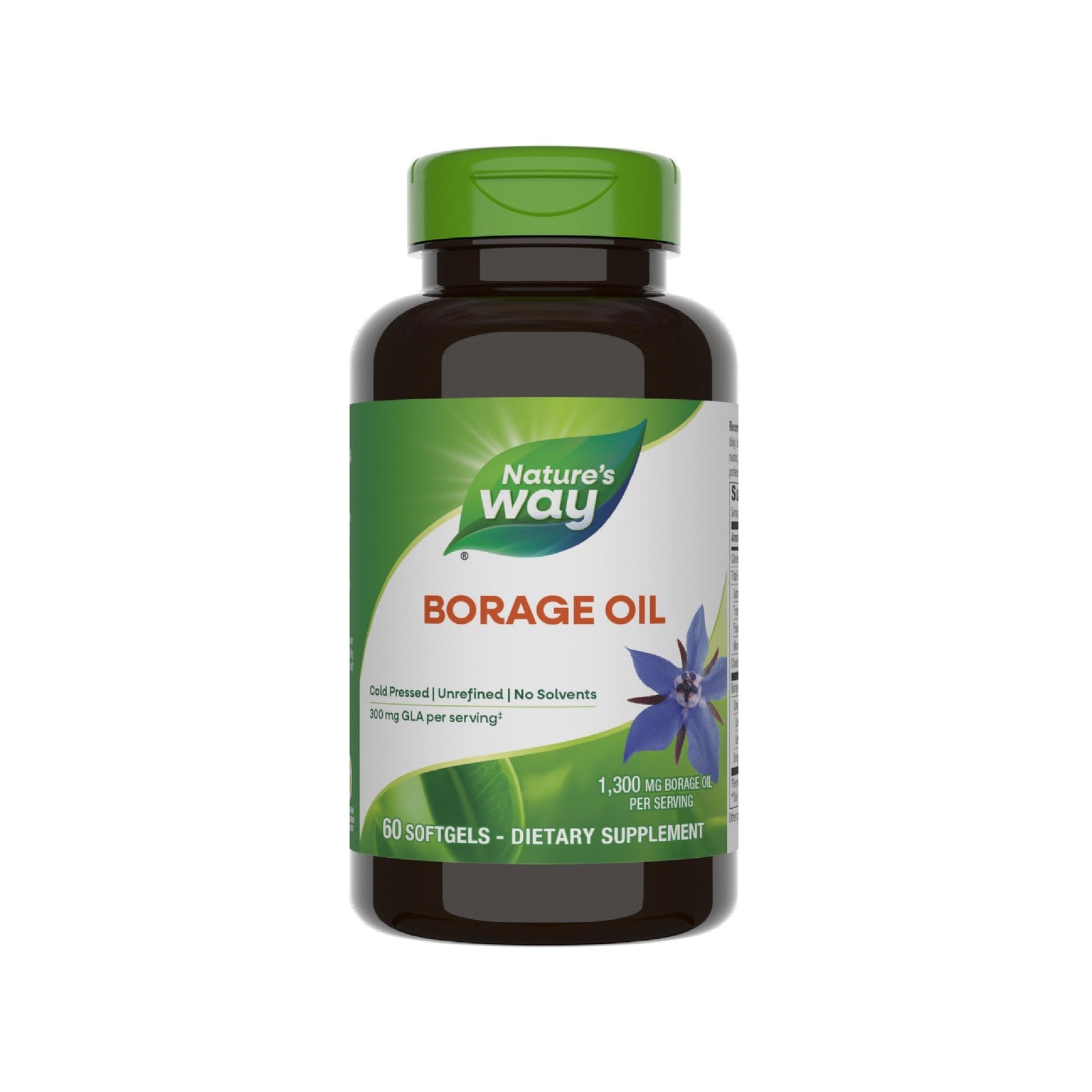 Nature's Way Borage Oil supplement bottle with label, showing cold pressed, unrefined borage seed oil, 300 mg GLA.