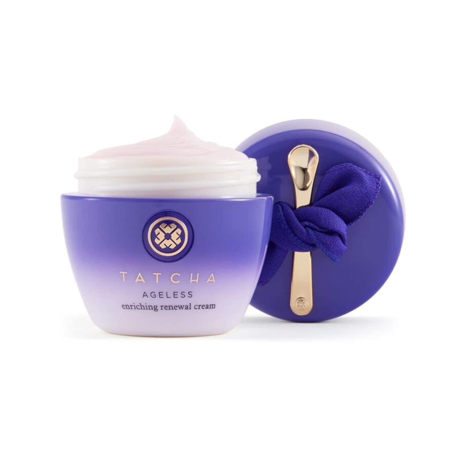 TATCHA Ageless Enriching Renewal Cream jar with the cream visible, promoting firmer, moisturized skin.