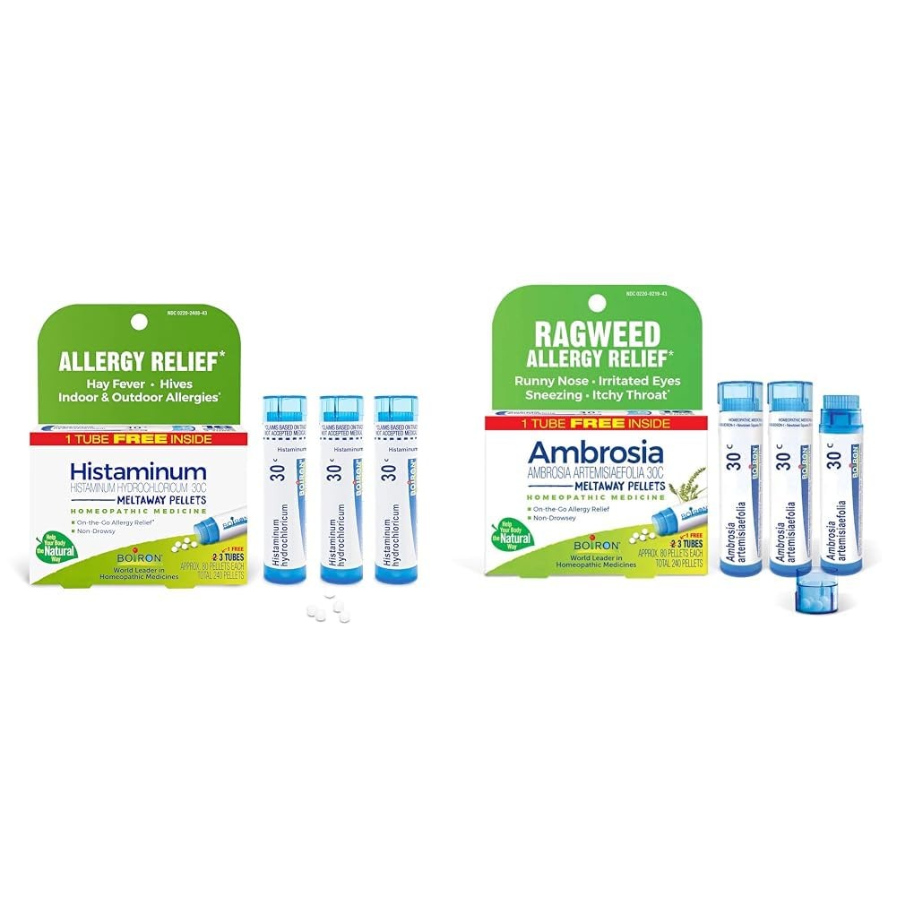 Boiron homeopathic allergy relief medicine bundle with Histaminum Hydrochloricum, featuring multiple small white and blue boxes.