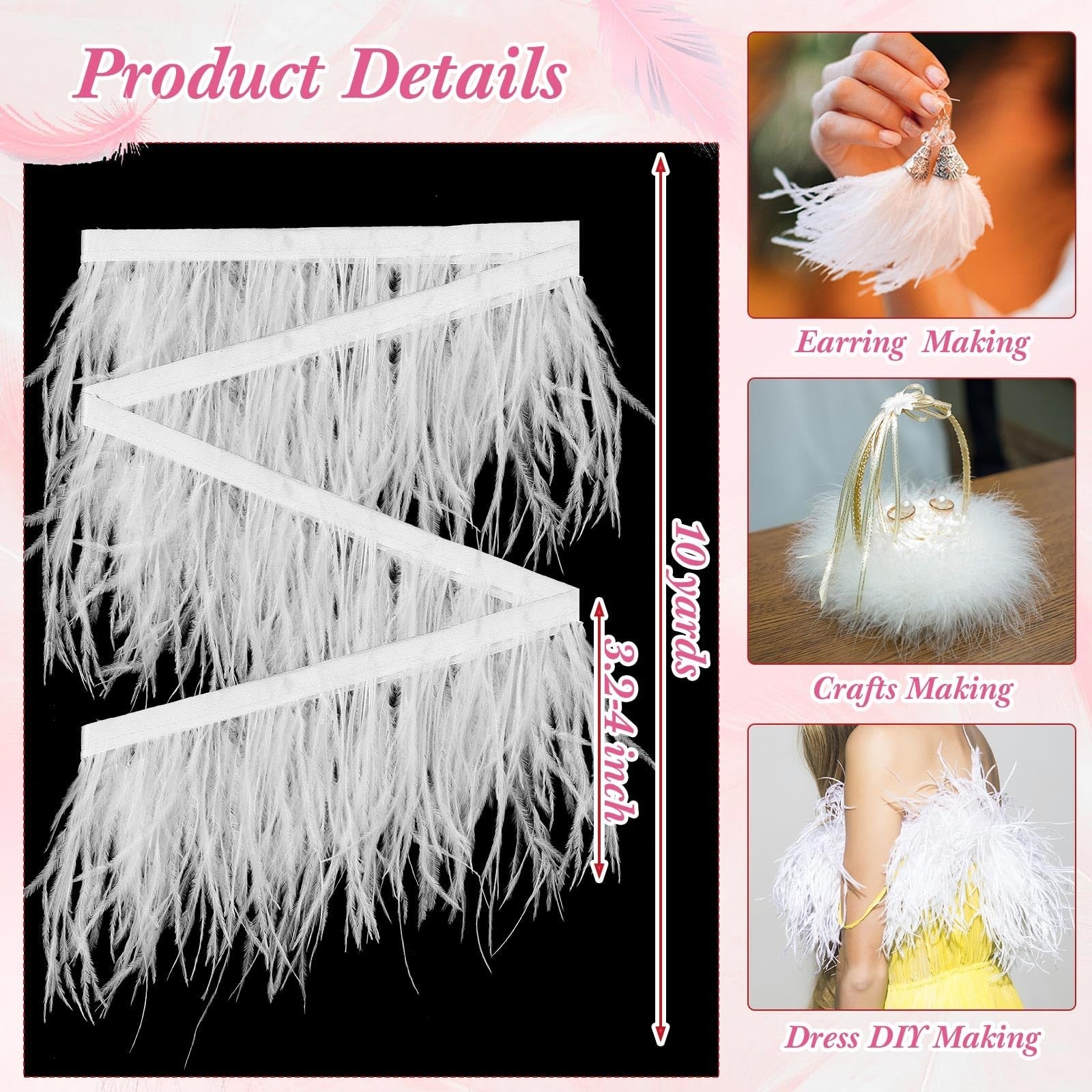 Janinka 10 yards white ostrich feather trim with 3-4 inch fluffy feathers for fashion and craft projects.