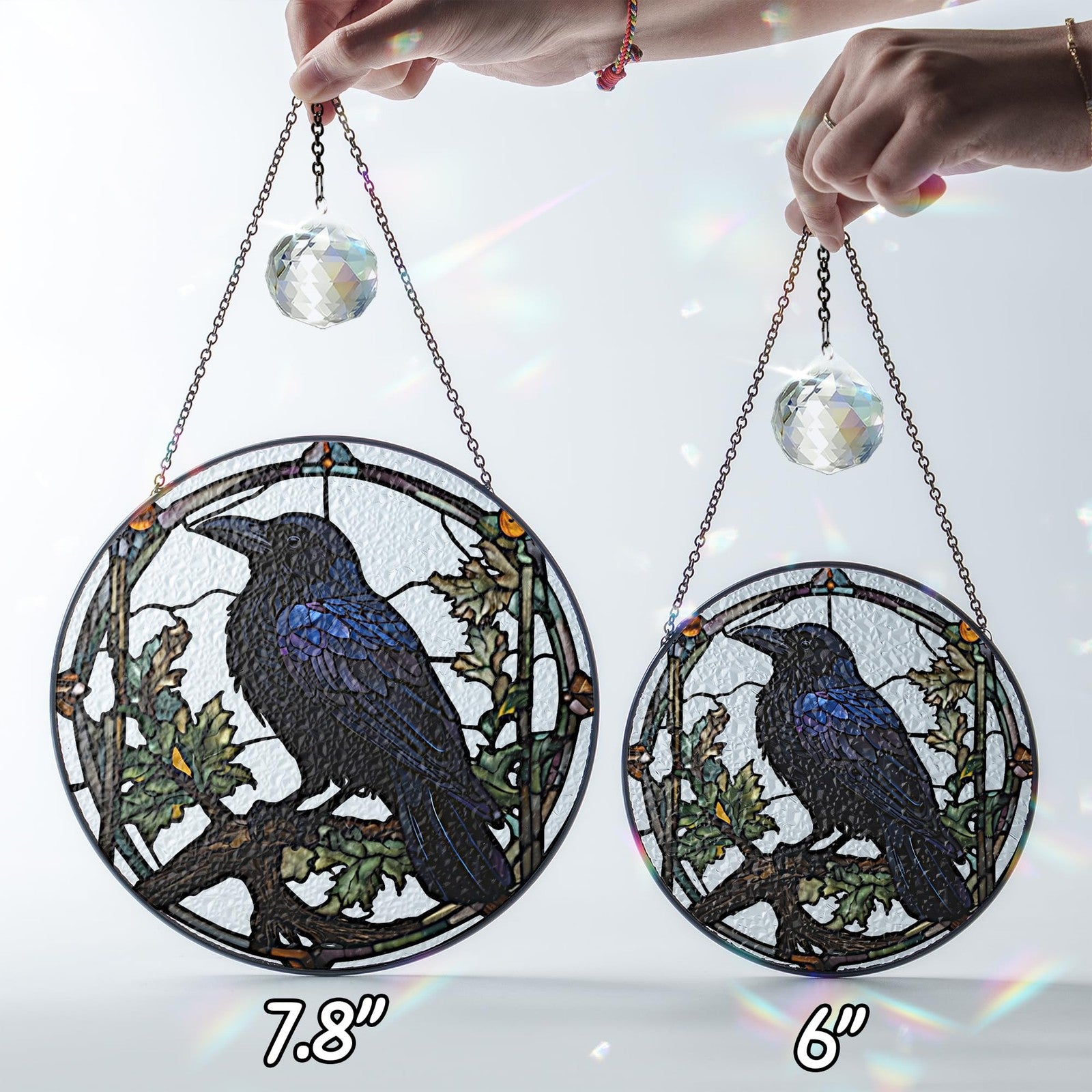 Vinatimes 7.8-inch crow stained glass suncatcher featuring black ravens, gothic art glass for indoor sun catchers.