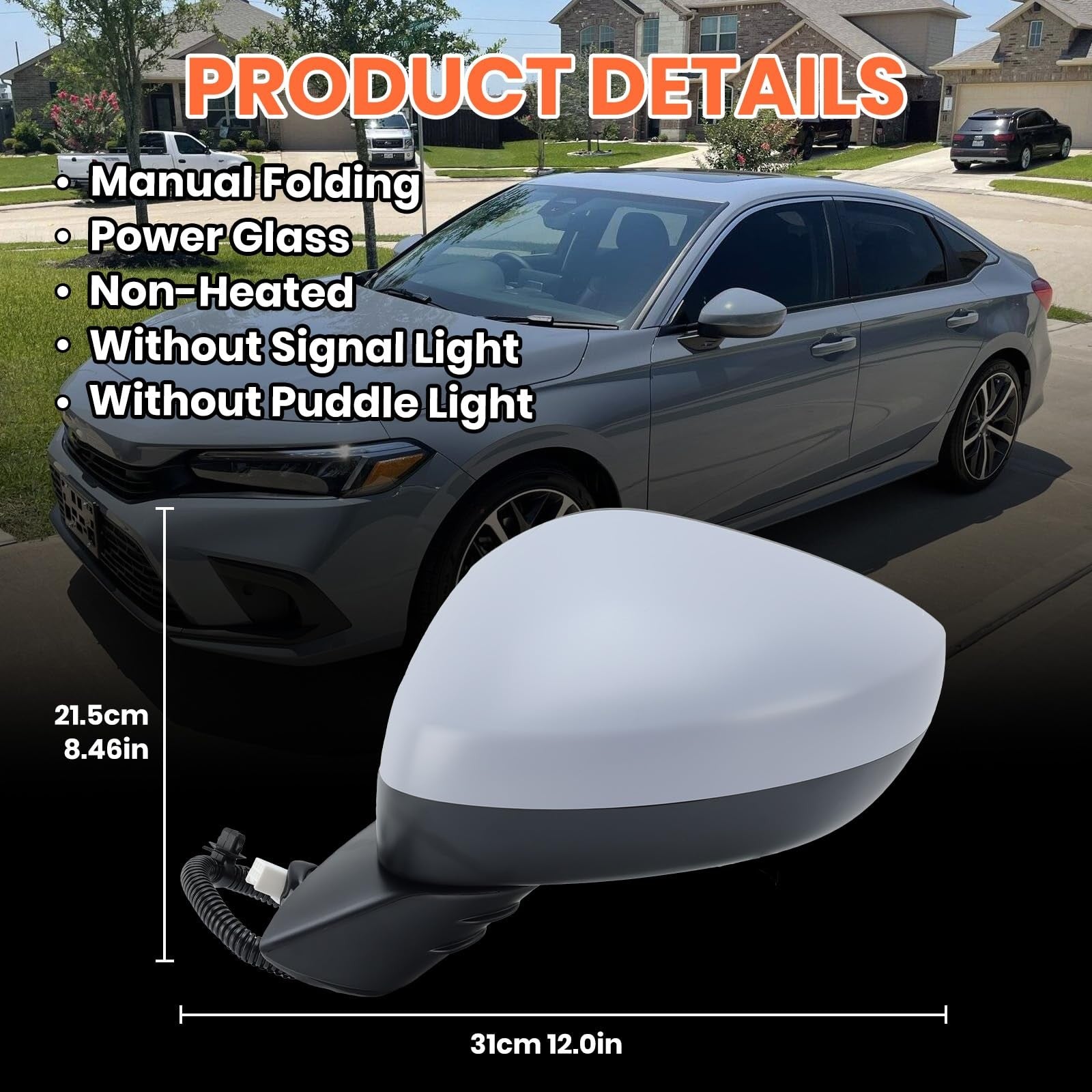 MOFOAP left driver side mirror for 2022-2023 Honda Civic Sedan and Hatchback, showing the mirror assembly with mounting hardware.