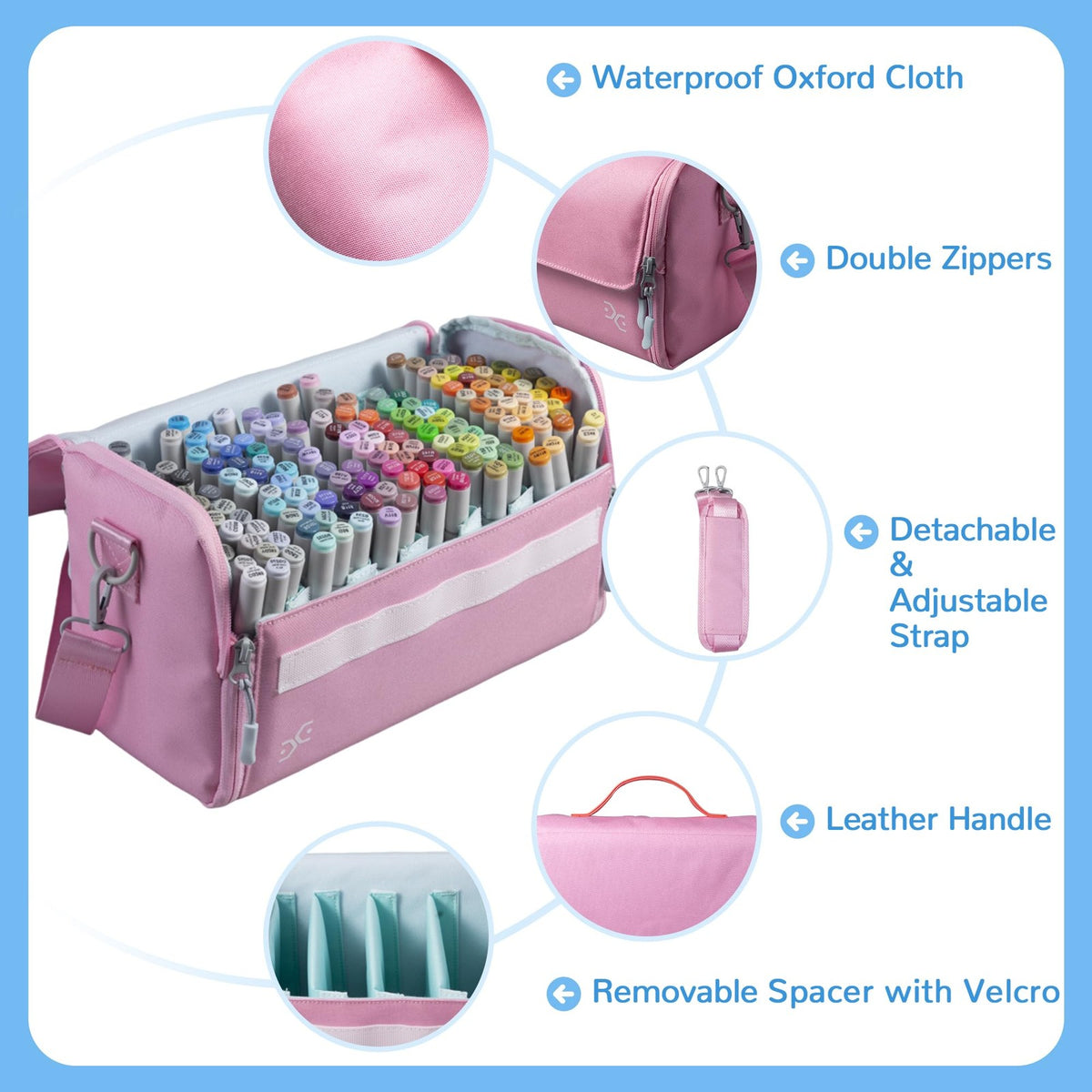 Pink Togood Marker Pen Storage Tote bag with crossbody strap, holding up to 160 pens, designed for organized art supplies.