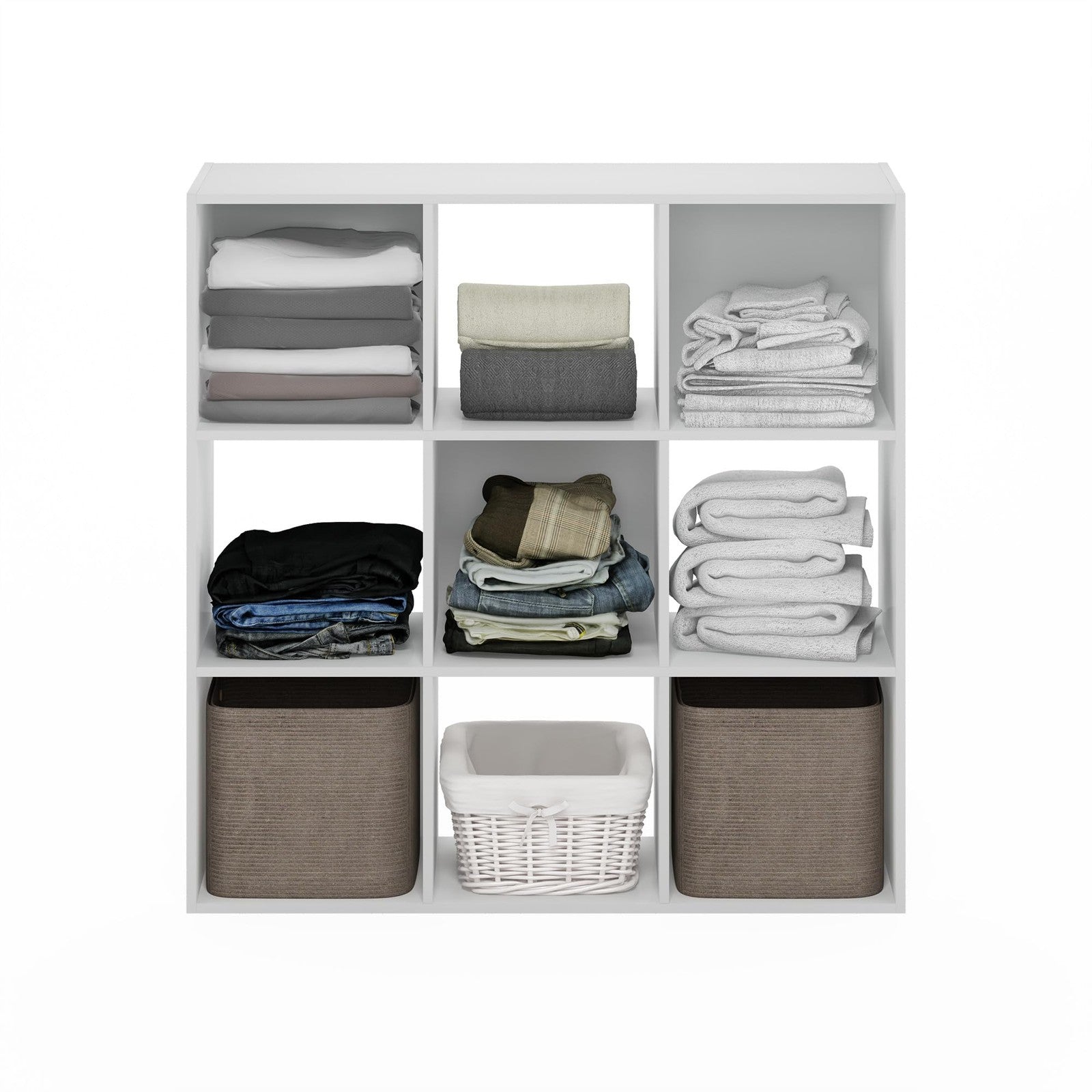 Furinno PELLI 9-cube closet organizer with open shelves, showcasing versatile storage for bedrooms or closets.