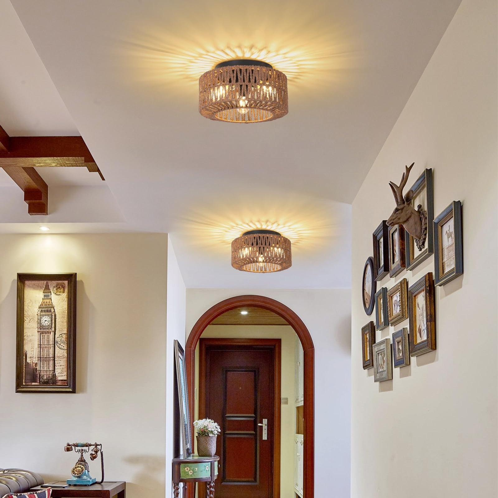 PAUFUL Boho 3-light farmhouse rattan ceiling light fixture with woven rattan shades and rustic farmhouse design.