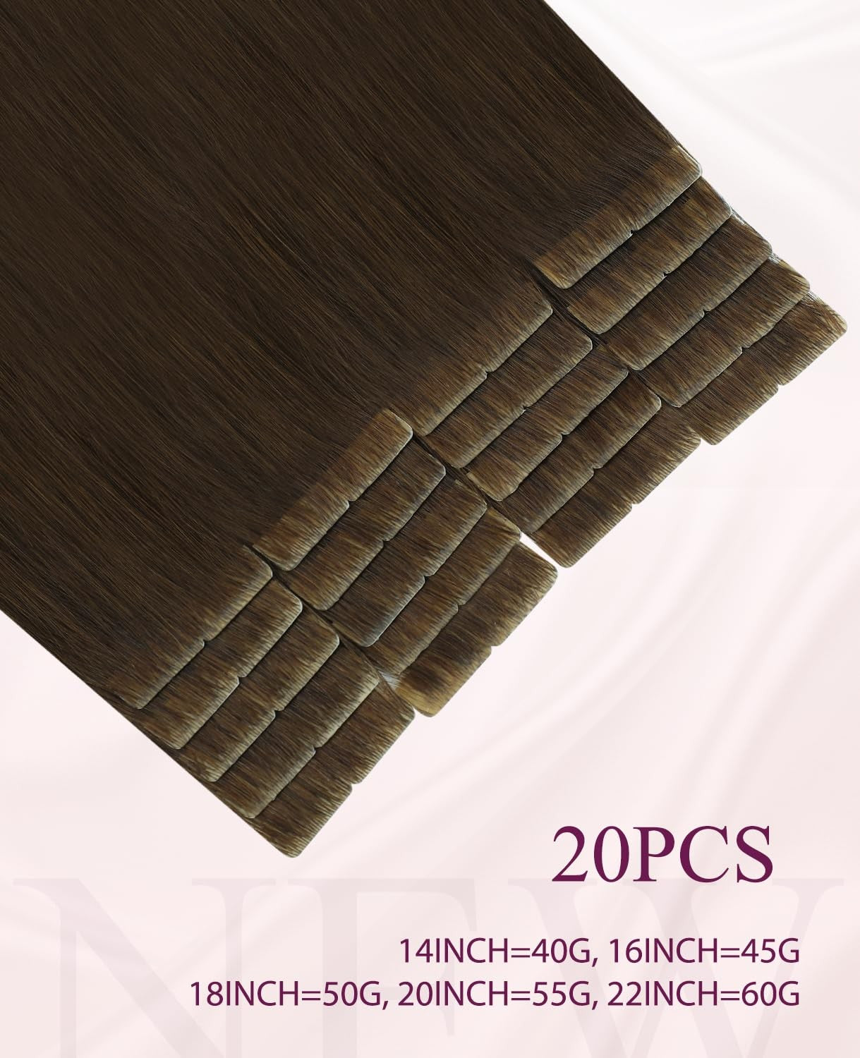 Pinkpearl Invisible Tape-In Human Hair Extensions, 20 pieces, 18-inch length, 50g, natural pink color with seamless application