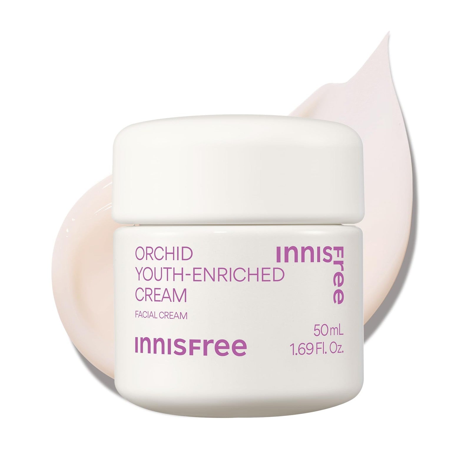 Innisfree Orchid Youth-Enriched Cream jar with orchid flower, Korean face moisturizer for firming and hydration, on a white background.