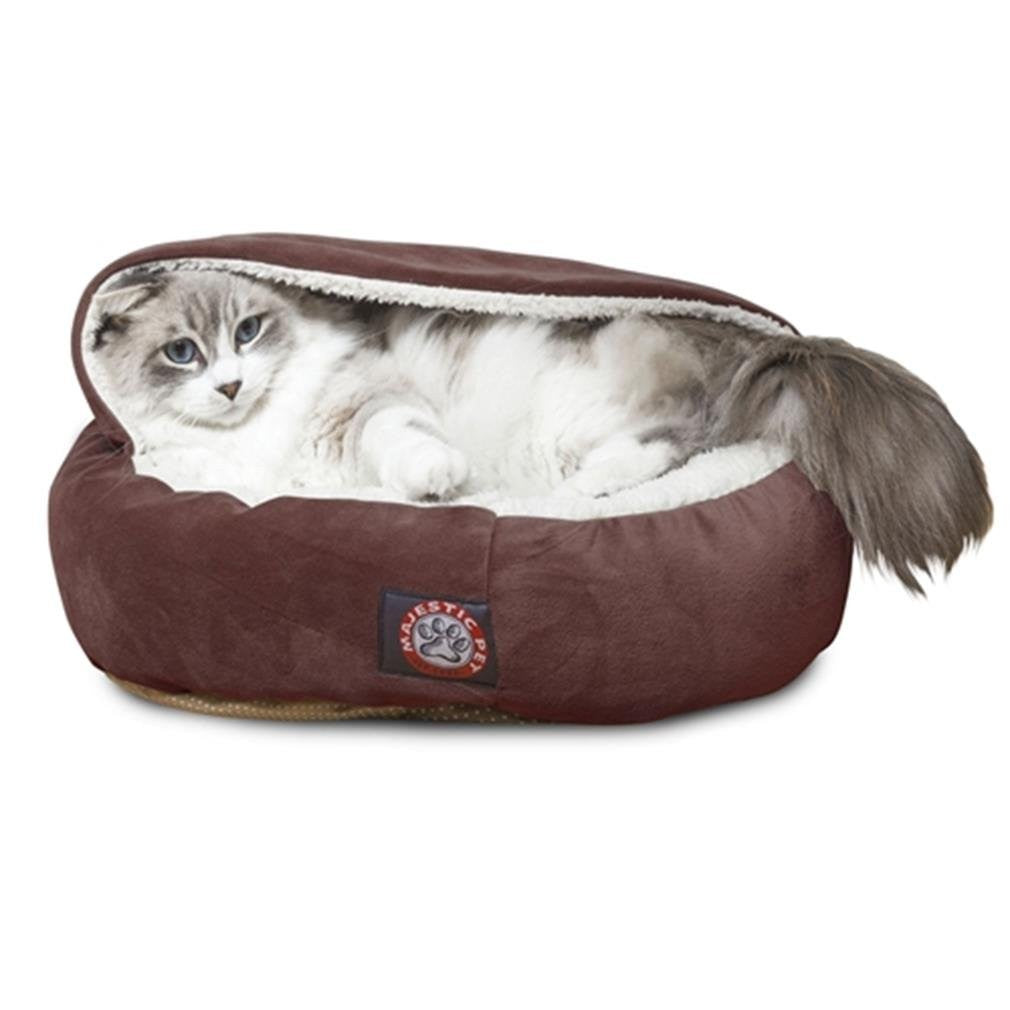 Majestic Pet 18-inch chocolate suede micro-velvet canopy cat bed with washable cover, featuring a cozy, enclosed design for feline comfort.