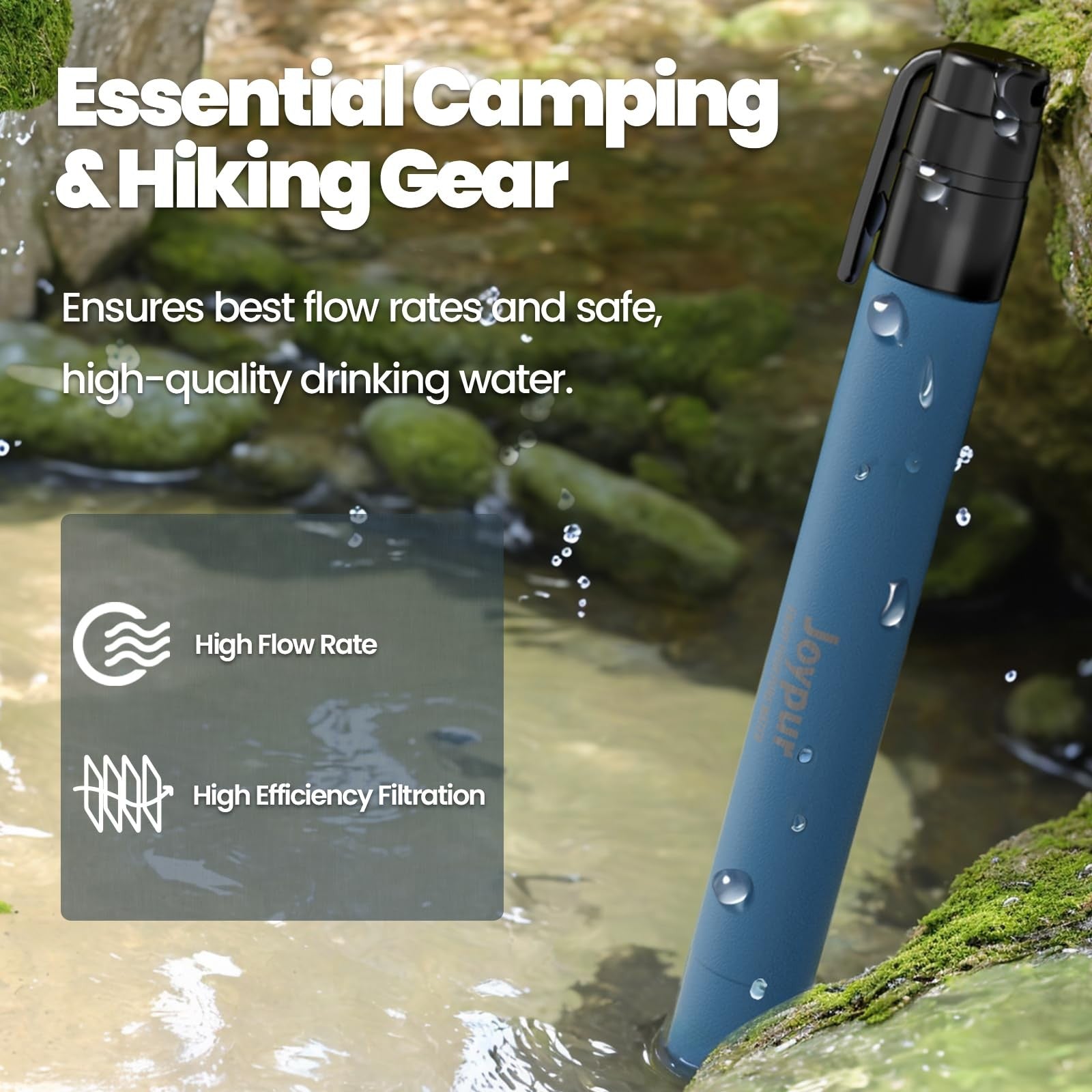 Joypur 8-pack water filter straws for hiking, camping, travel, and emergencies, showing portable water purification devices.