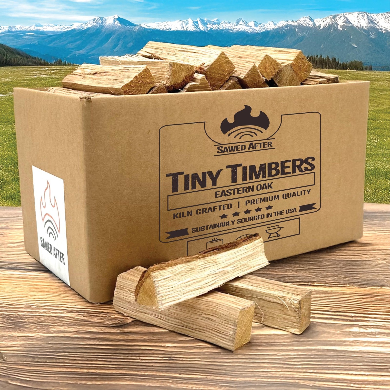 Tiny Timbers USDA Grade kiln dried hardwood for table top fire pit and pizza, showing neatly stacked firewood logs.