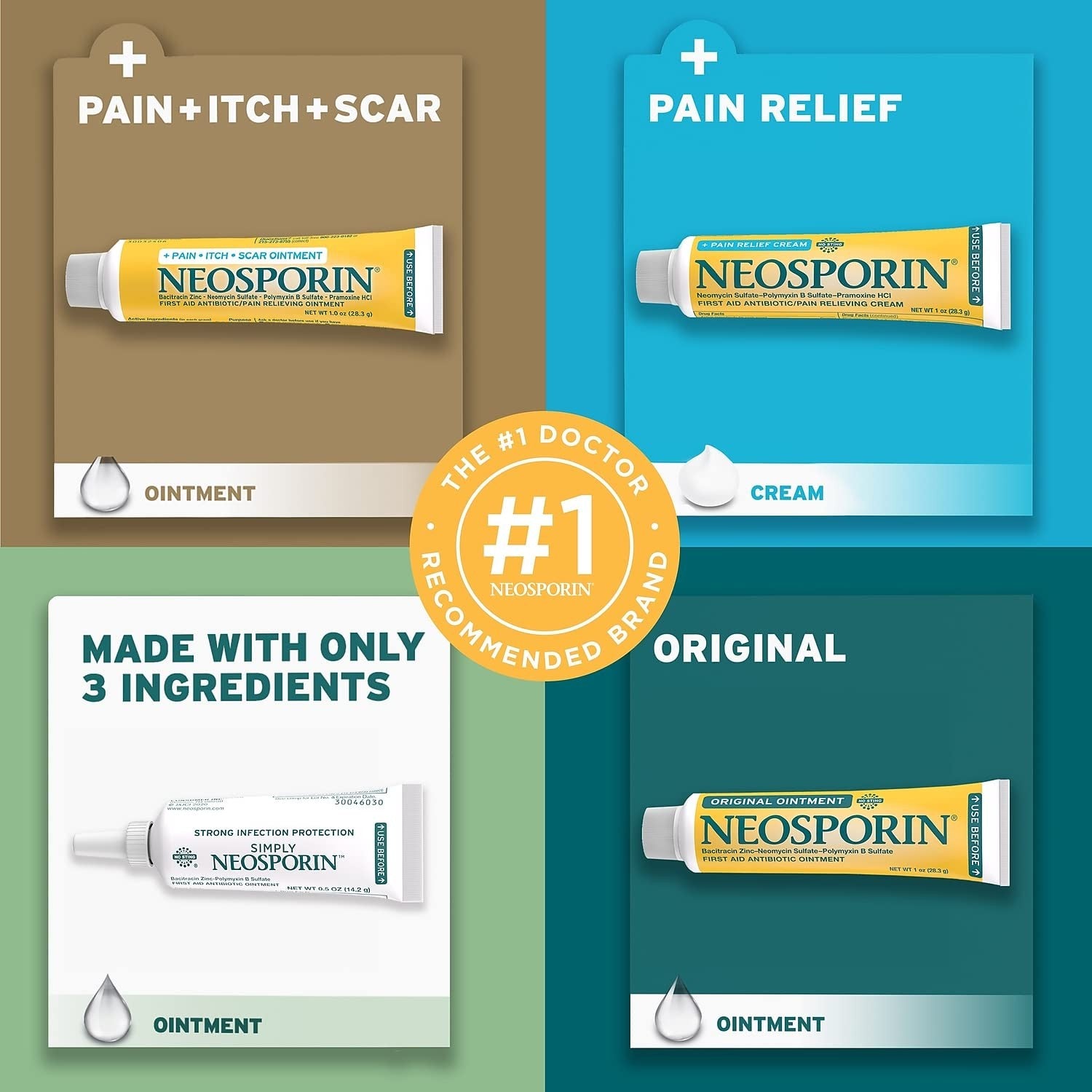 Neosporin Antibiotic Ointment capsules in yellow packaging, 144 count, 0.31oz each, for minor cuts and skin infections