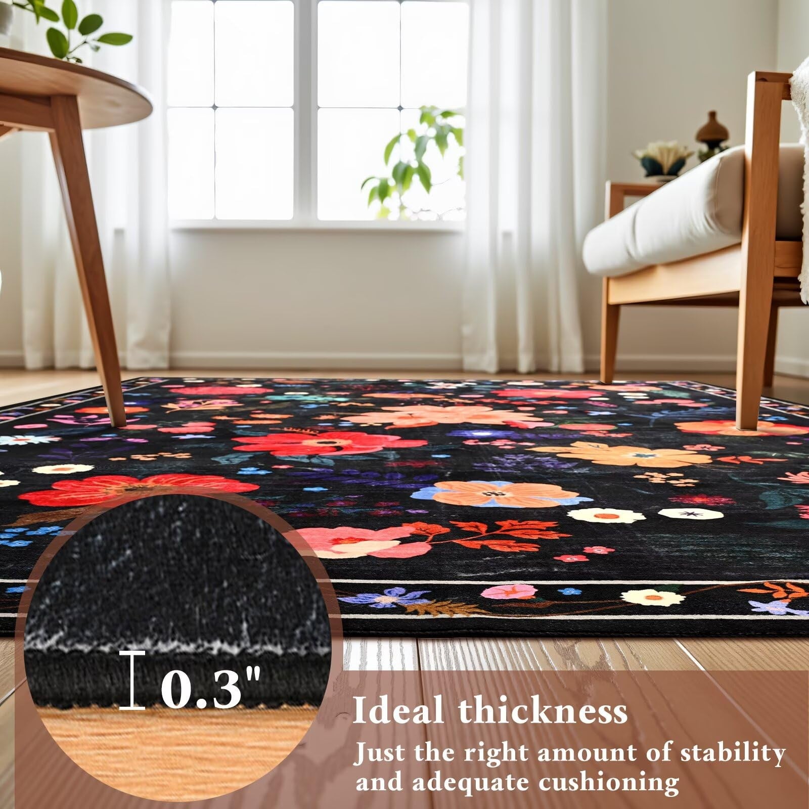 Black floral Macgace 4x6 washable area rug with girl’s bedroom design, featuring vibrant floral patterns and soft texture.