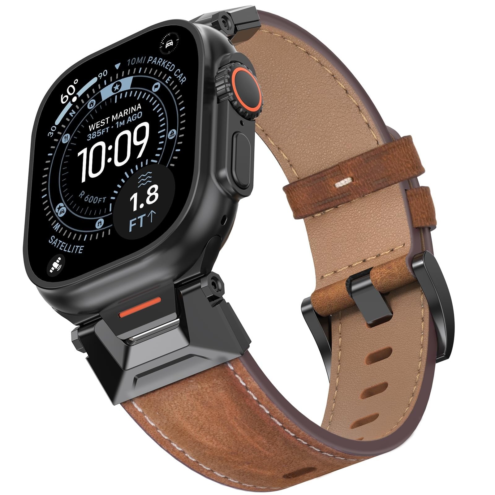 Bouixel genuine leather band for Apple Watch Ultra 3, 49mm and 46mm, showing a close-up of the brown leather strap with stitching.