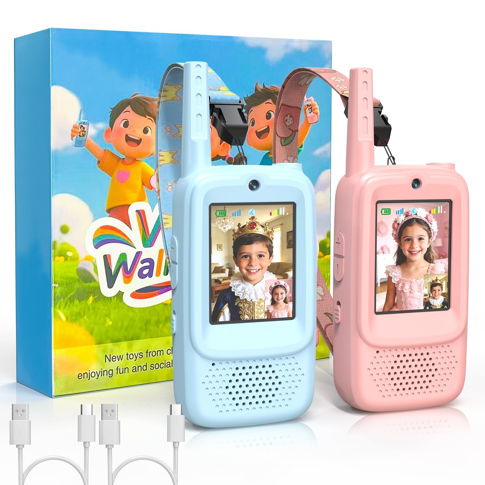 ZealSound video walkie talkies for boys and girls aged 3-12, 2-pack, with colorful design and handheld communication devices.