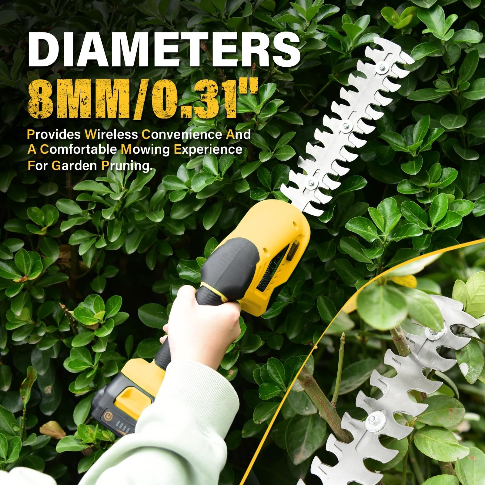 ZEGJAW 20V cordless hedge trimmer and grass shear in black and orange, handheld electric tools with dual blades for trimming and shaping.