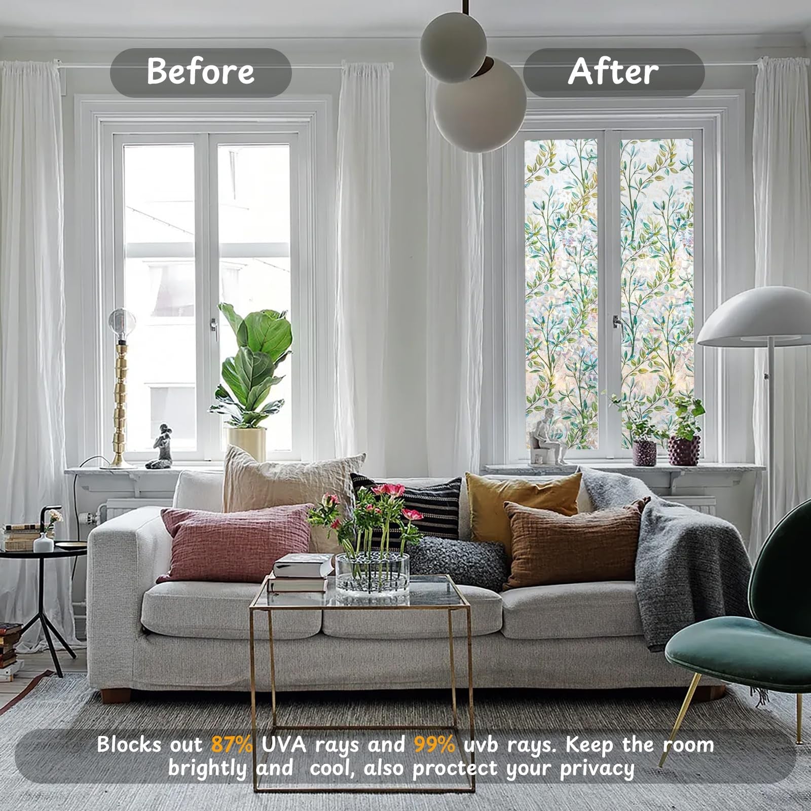 NINETREX stained glass window film with 3D decorative sun-blocking design on clear static cling for window privacy and style