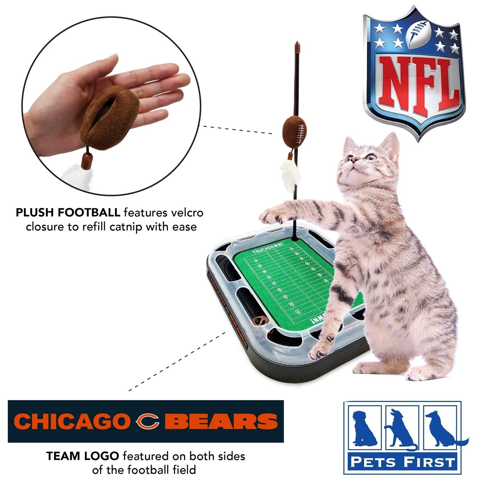 Pets First Chicago Bears football field cat scratcher toy with realistic football field design for cats to scratch and play.