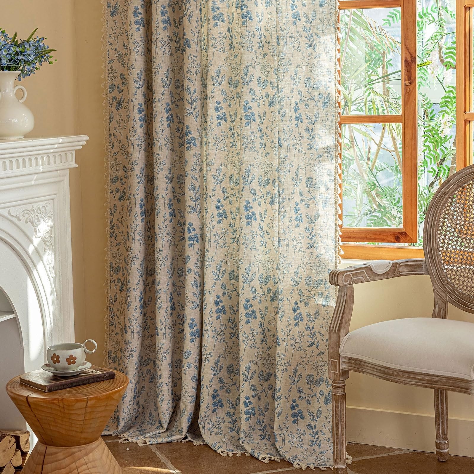 OYX blue floral boho curtains with light filtering fabric, 84 inches long, two panels for living room windows