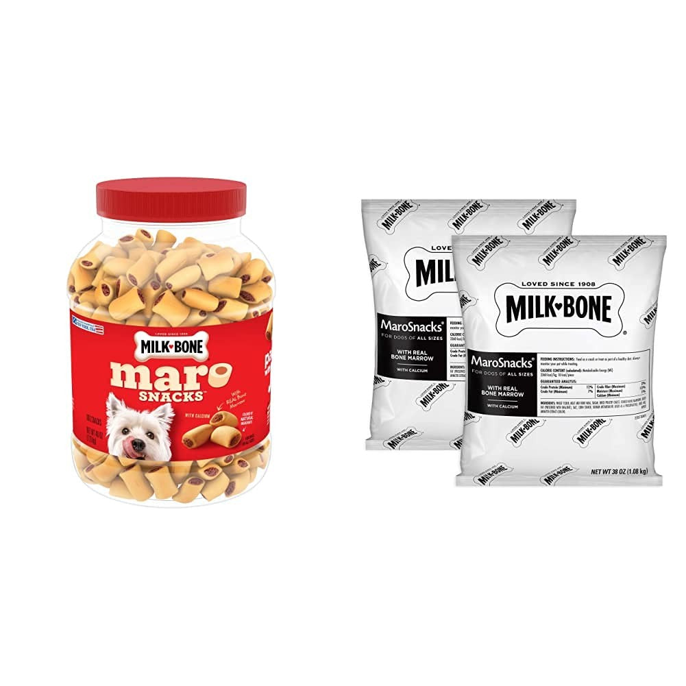 Milk-Bone MaroSnacks dog treats bundle with a 40-ounce canister and two refill packs, featuring crunchy treats for dogs.