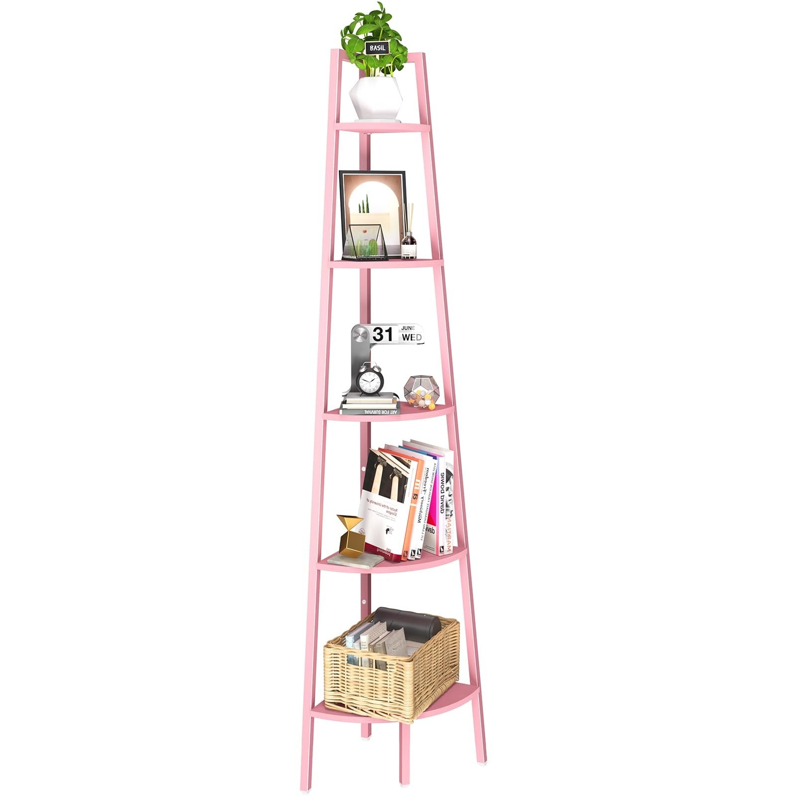 Yoobure 5-tier corner bookshelf with metal frame and ladder design, showcasing wooden shelves in a modern corner space.