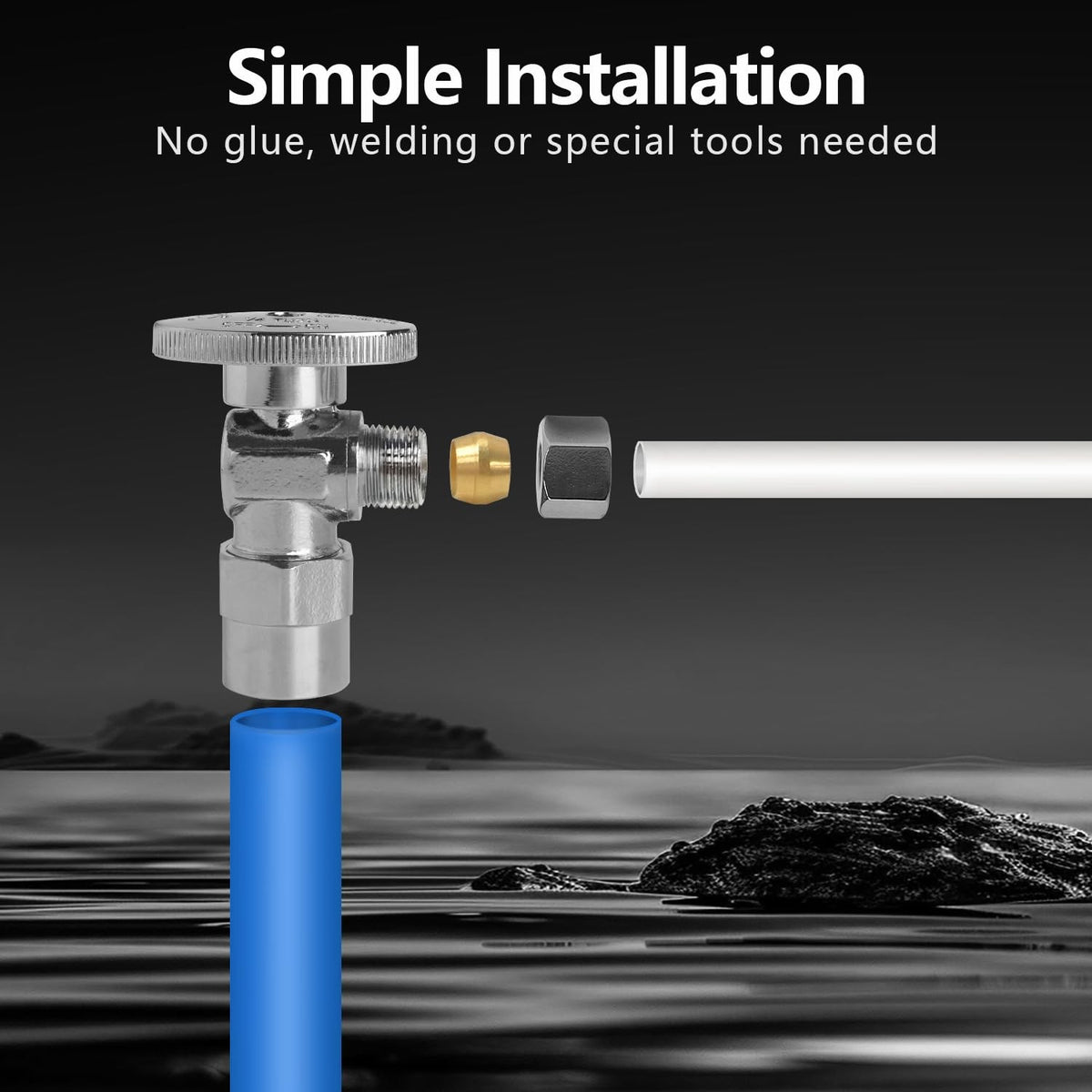 WiseWater angle stop valve with 1/2 CPVC and 3/8 compression, chrome finish, quarter turn handle, shown in close-up.