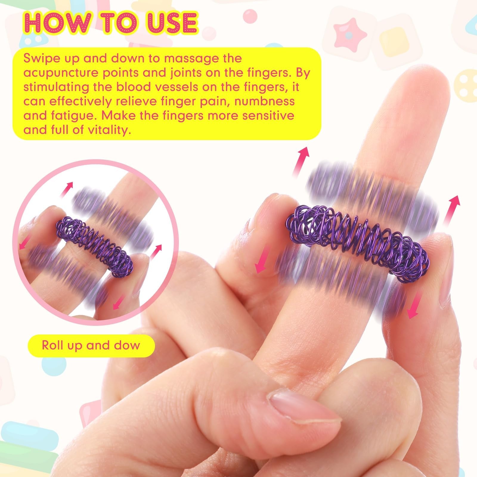 Set of Nuogo 500 pcs spiky acupressure rings for fingers, sensory finger rings designed for stress relief and tactile stimulation.