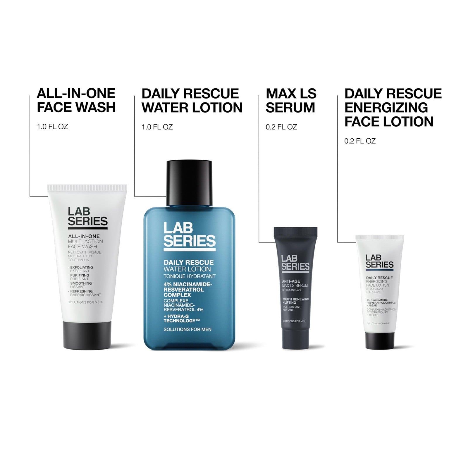 Lab Series men's travel size skincare essentials gift set with all-in-one face cleanser, moisturizer, and skincare products.