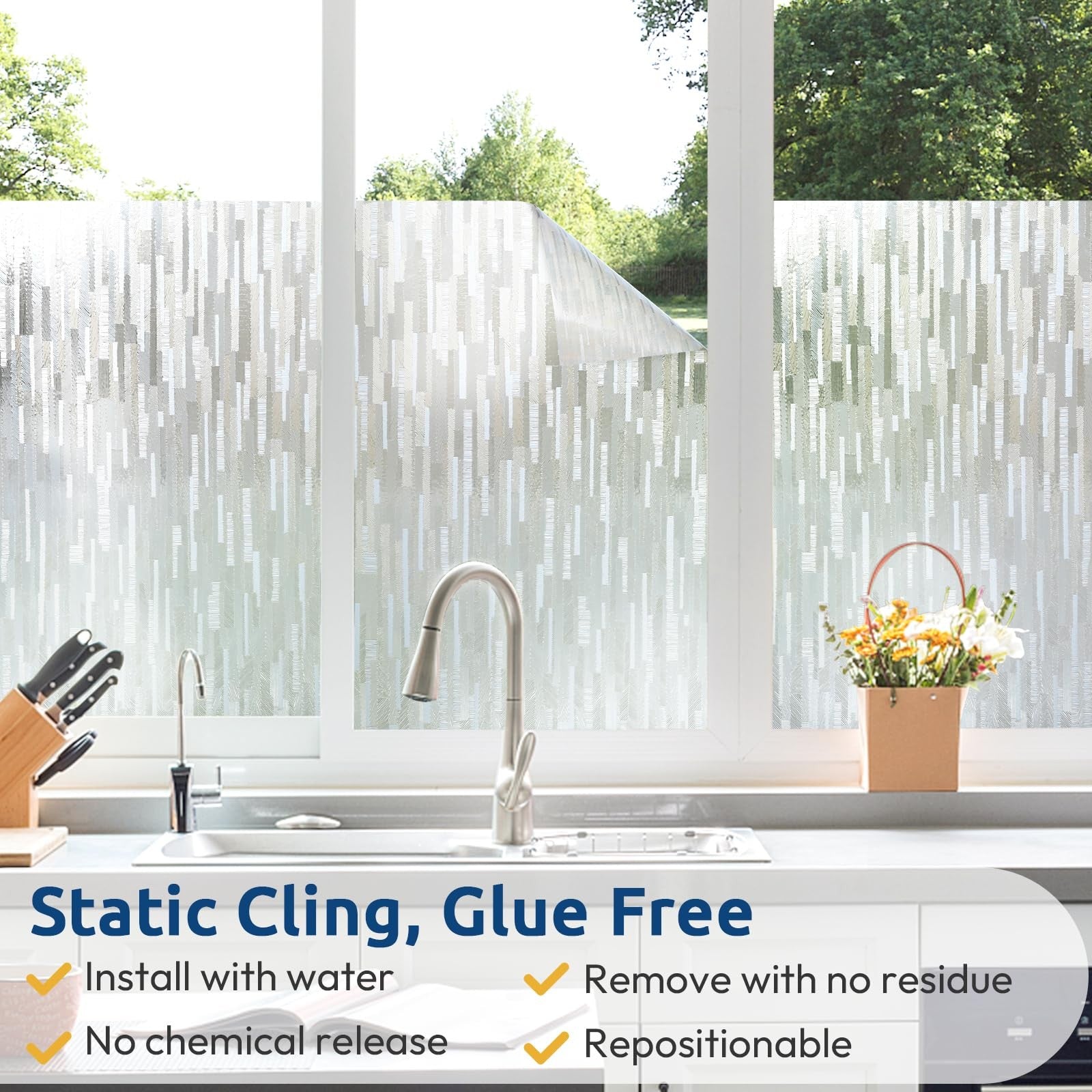 Rabbitgoo frosted glass privacy film with no-glue static cling, UV protection, designed for window privacy and decorative glass.