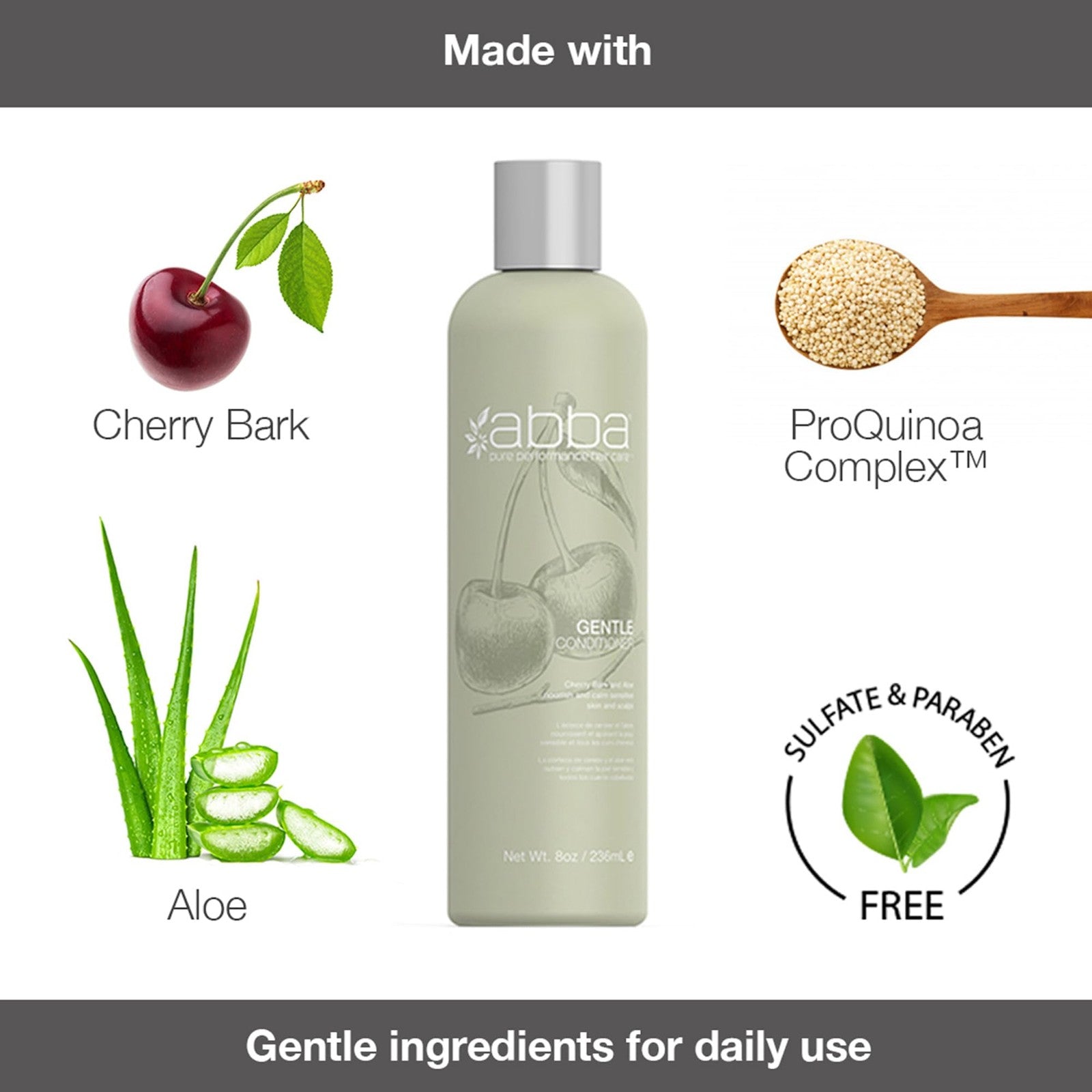 ABBA Pure Gentle Conditioner with cherry bark and aloe, 32 fl oz, showing the conditioner bottle with natural ingredients.