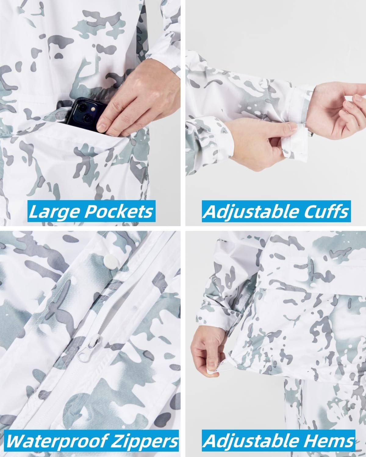 Fousam men's waterproof camo rain suit with lightweight rain jacket, designed for outdoor rain protection and durability.