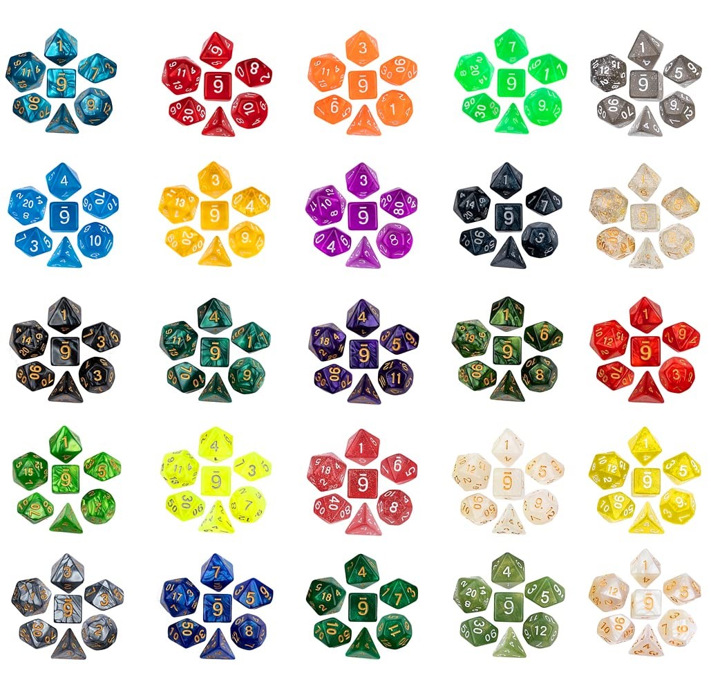 Toyful 25-piece D&D polyhedral dice set with various shapes and colors for tabletop role-playing games like Dungeons & Dragons.